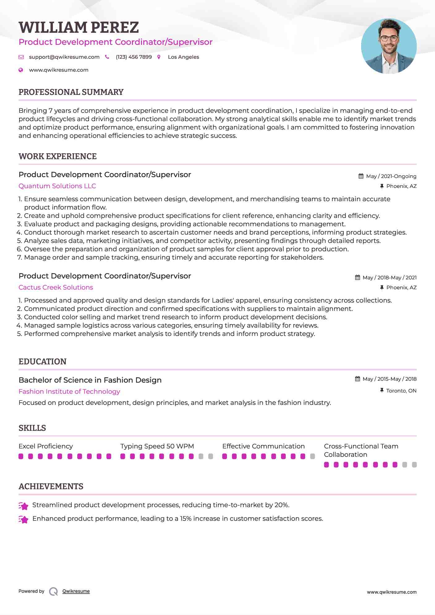 Product Development Coordinator/Supervisor Resume Format