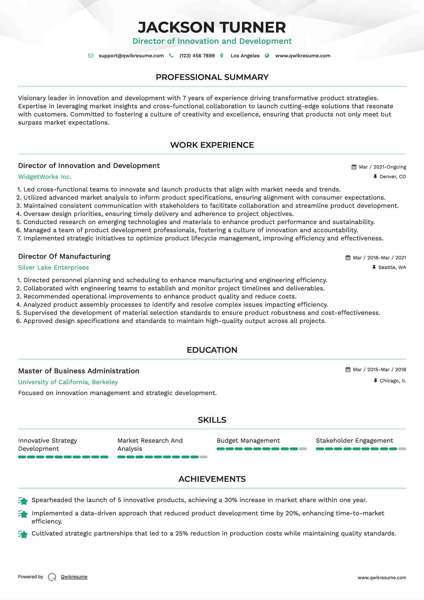 Director of Innovation and Development

 Resume Model