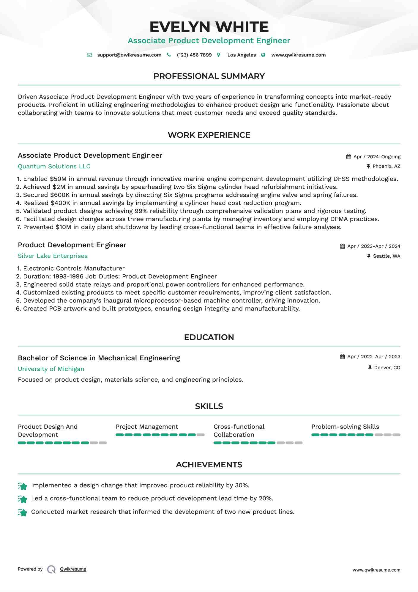 Associate Product Development Engineer  Resume Sample