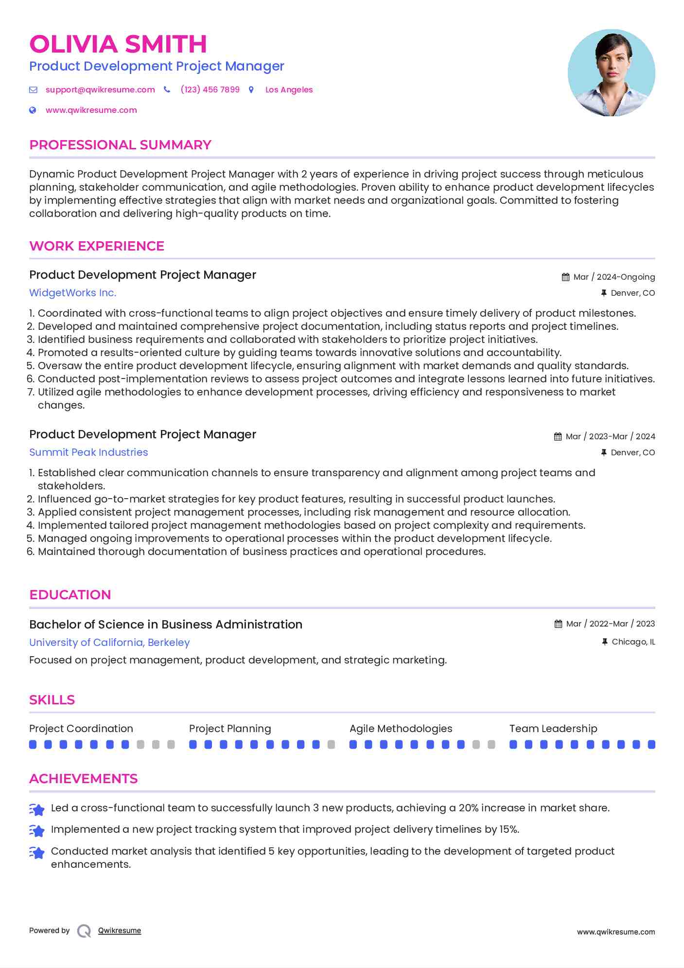 Product Development Project Manager Resume Sample