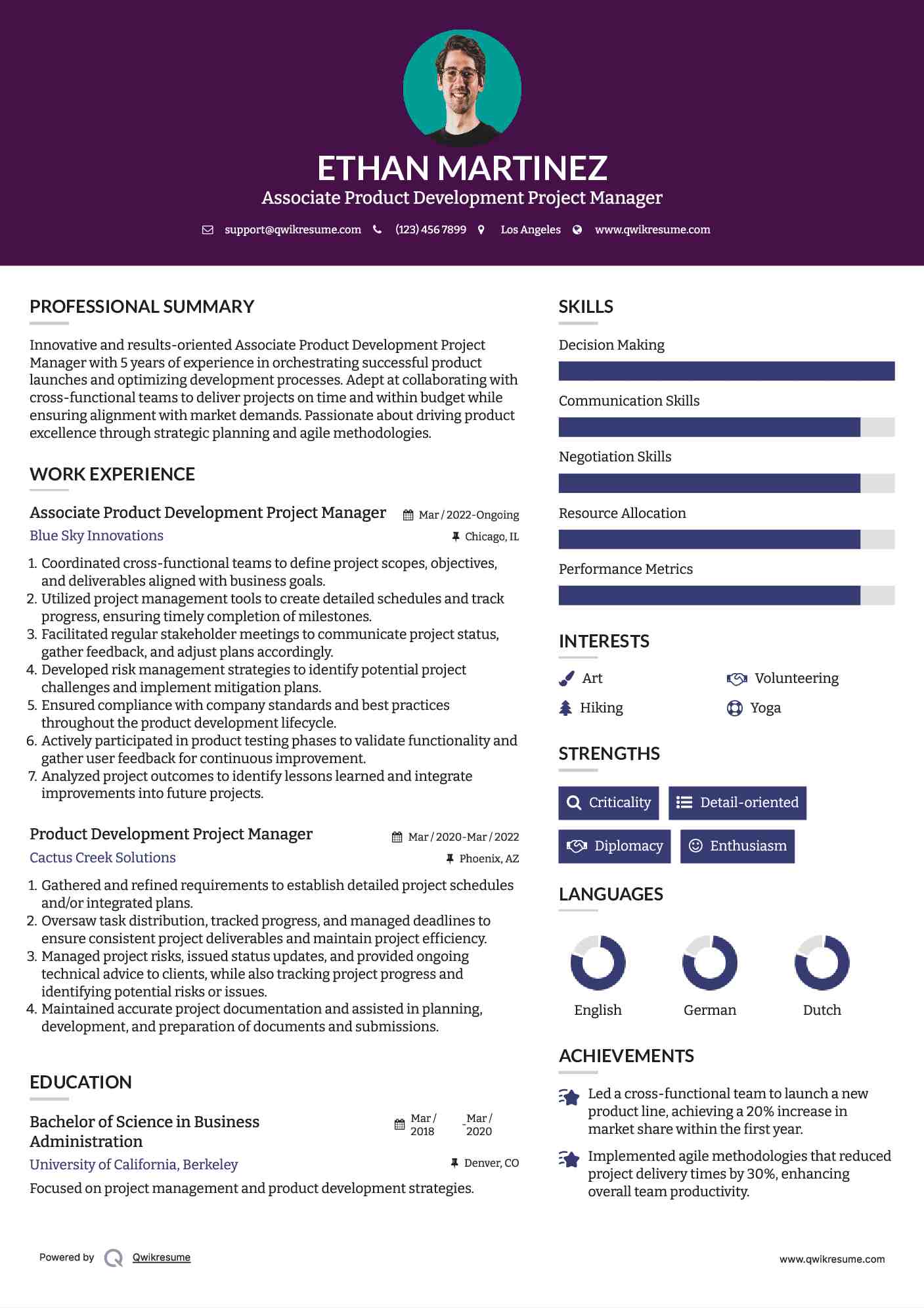 Associate  Product Development Project Manager Resume Format