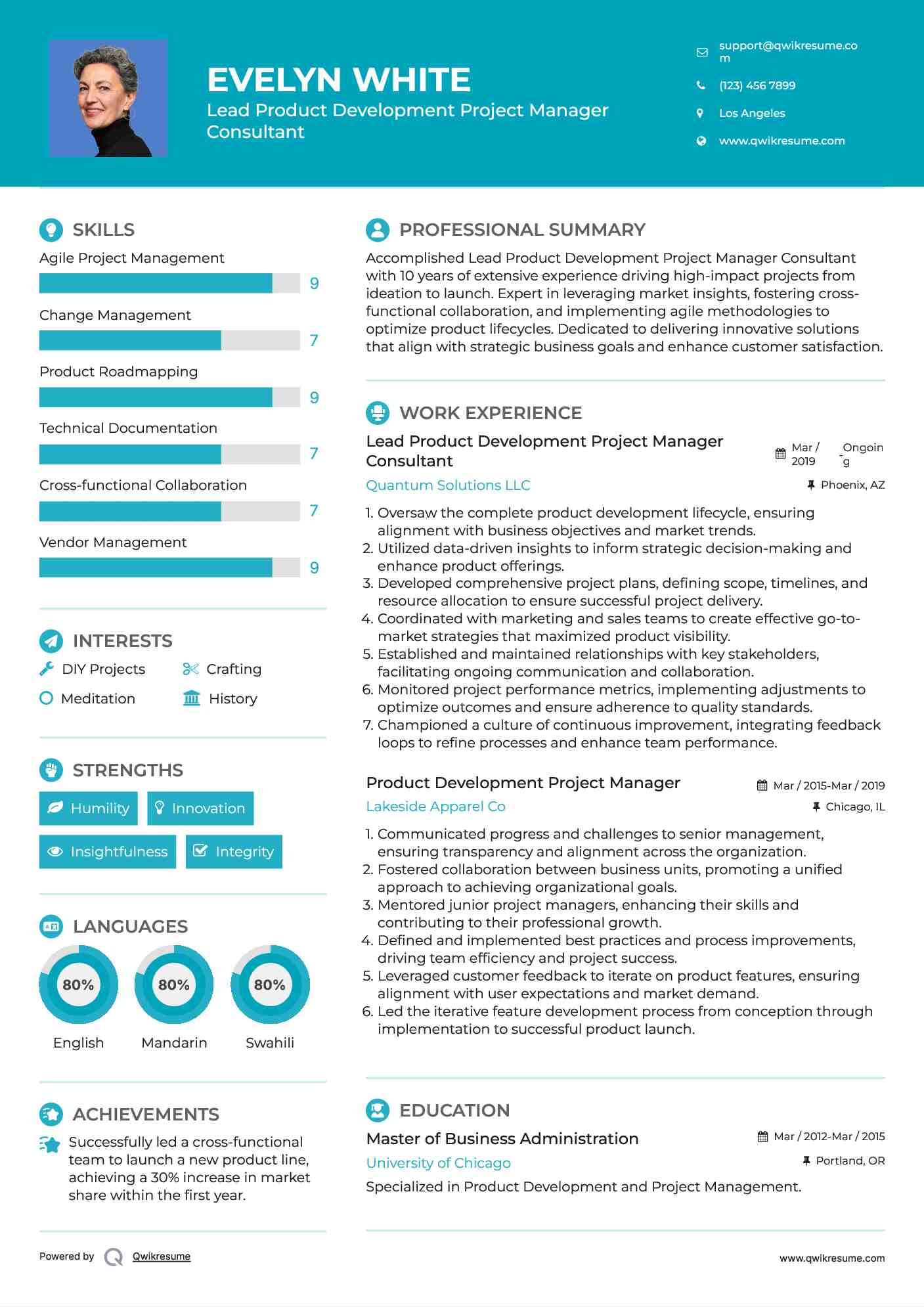 Lead Product Development Project Manager Consultant Resume Example