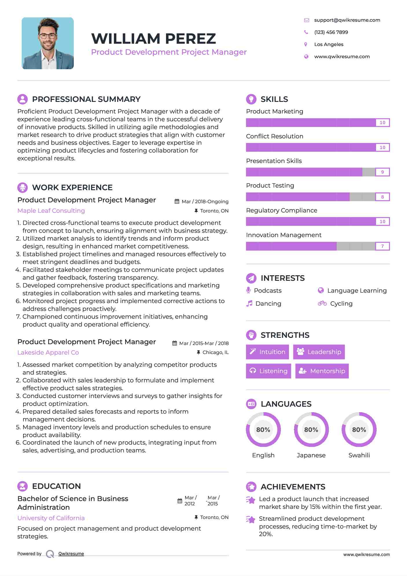 Product Development Project Manager Resume Example