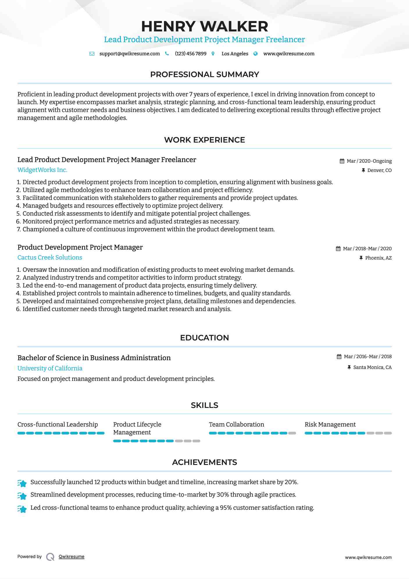 Lead Product Development Project Manager Freelancer Resume Format