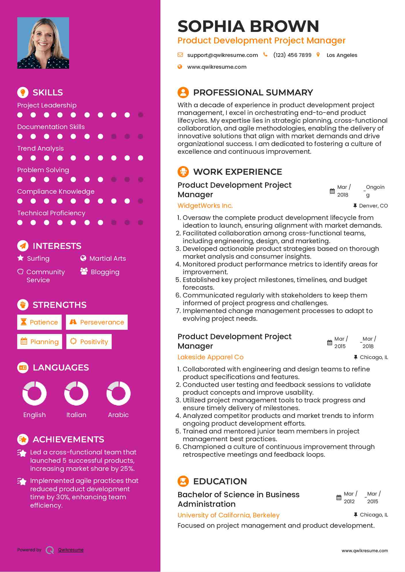 Product Development Project Manager Resume Format