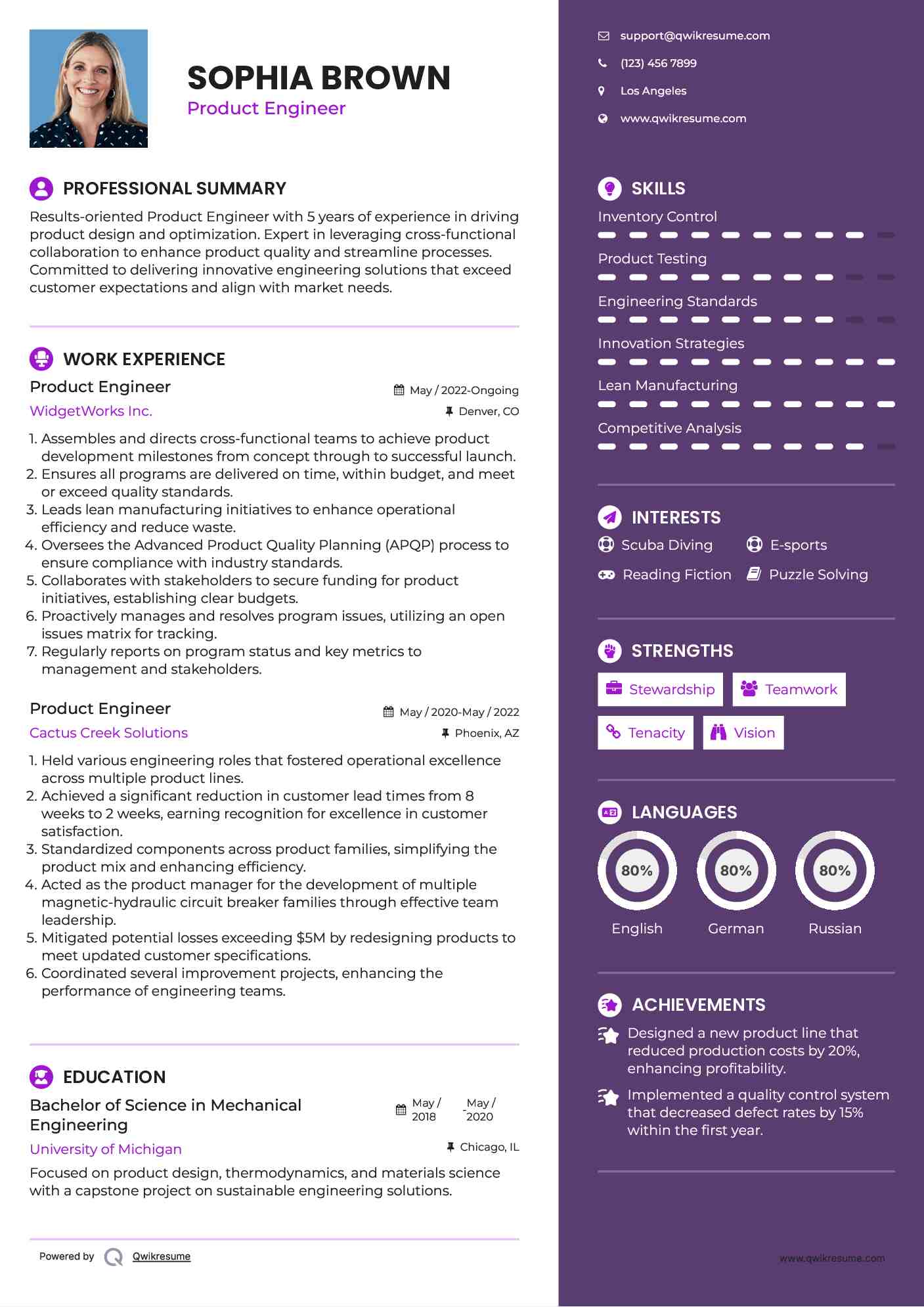 Product Engineer Resume Sample