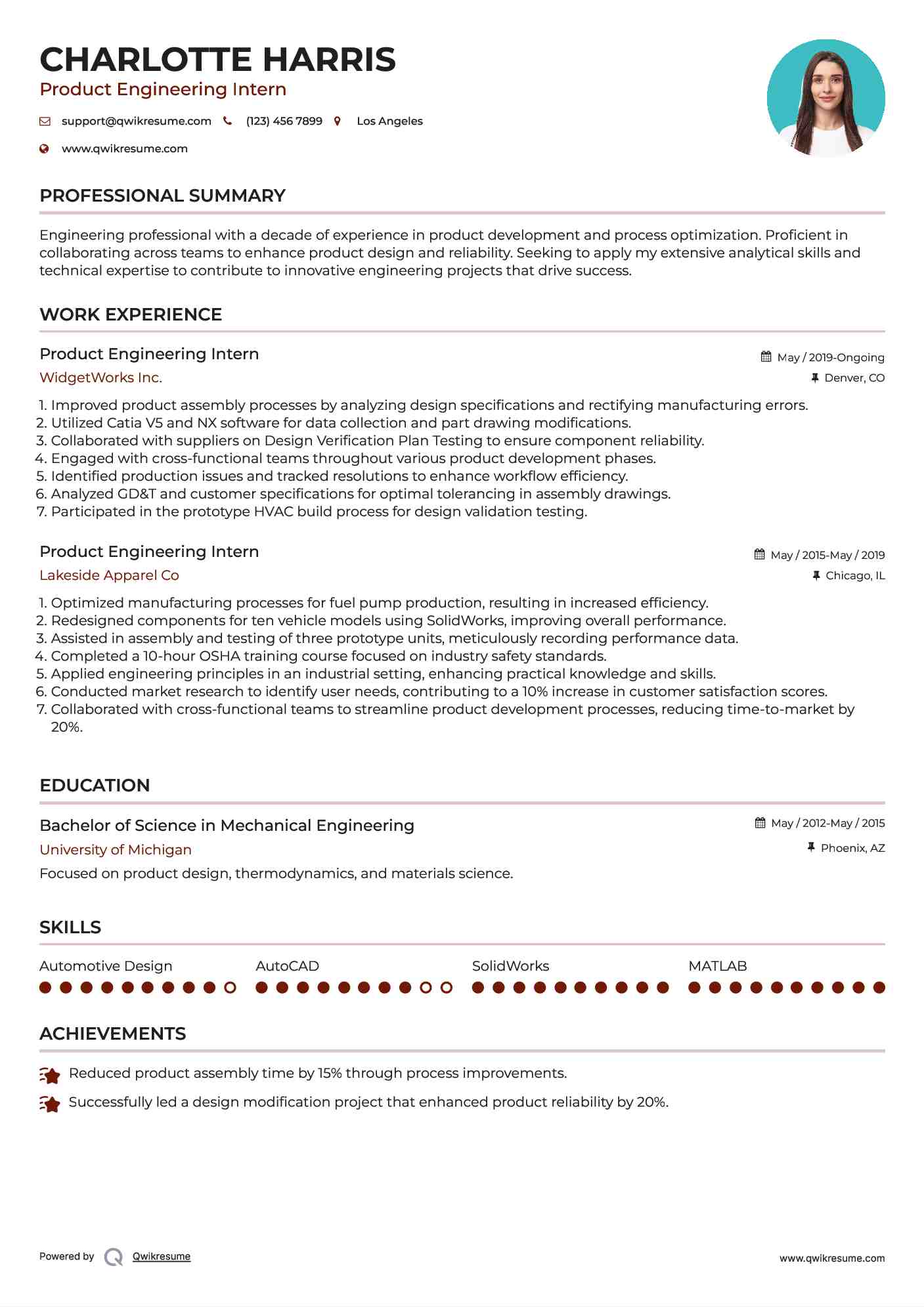 Product Engineering Intern Resume Template