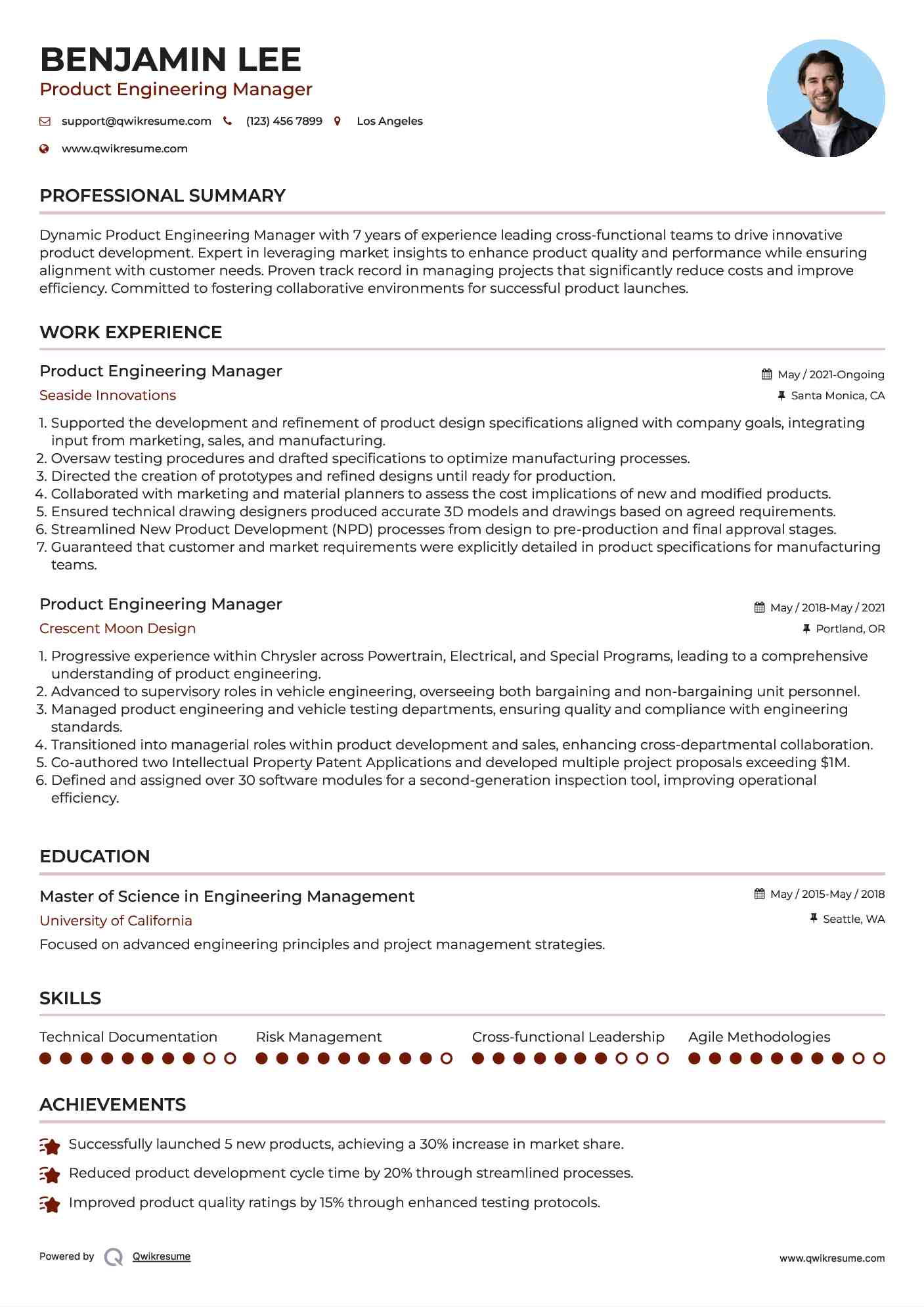 Product Engineering Manager Resume Sample