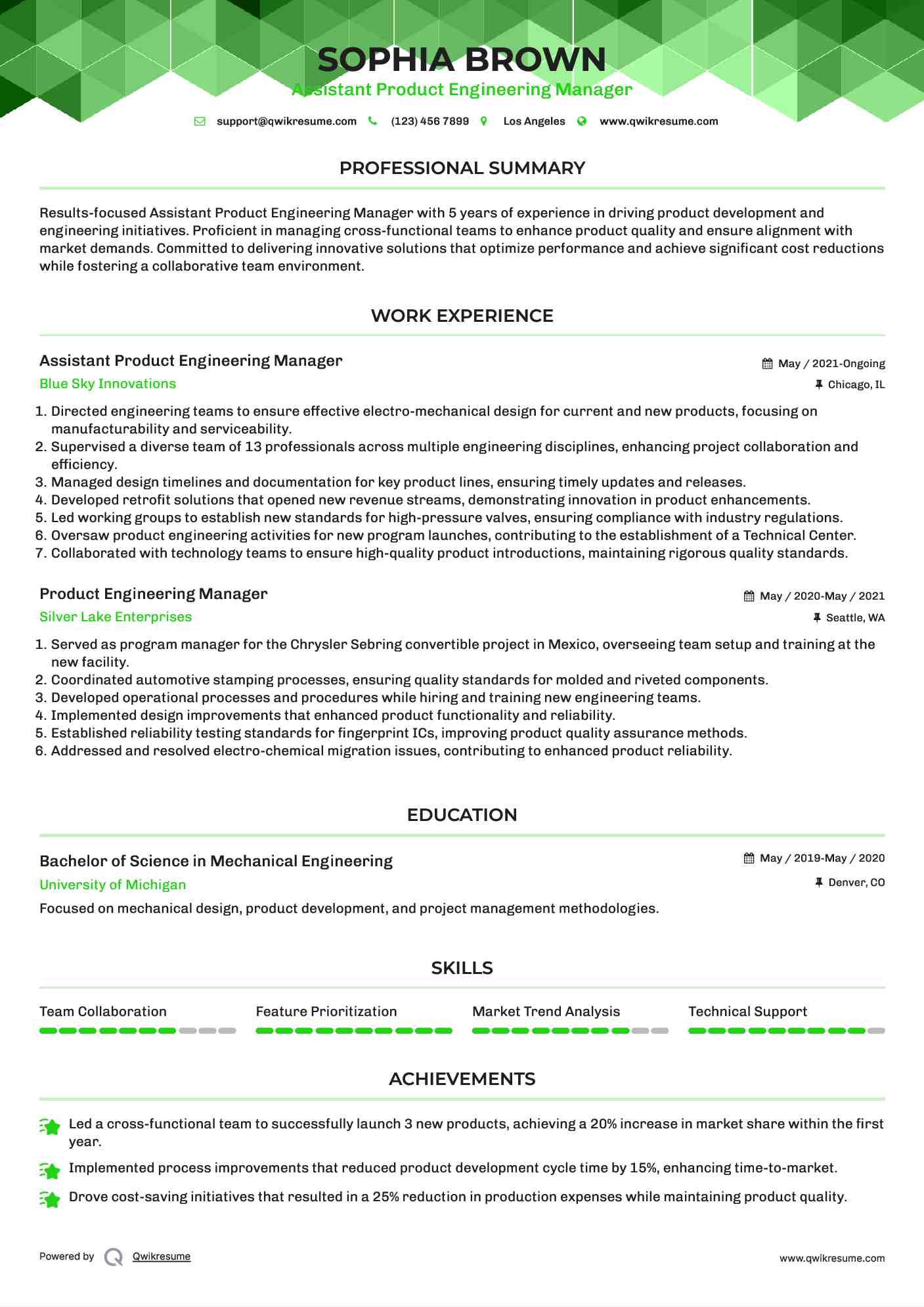 Assistant Product Engineering Manager Resume Format