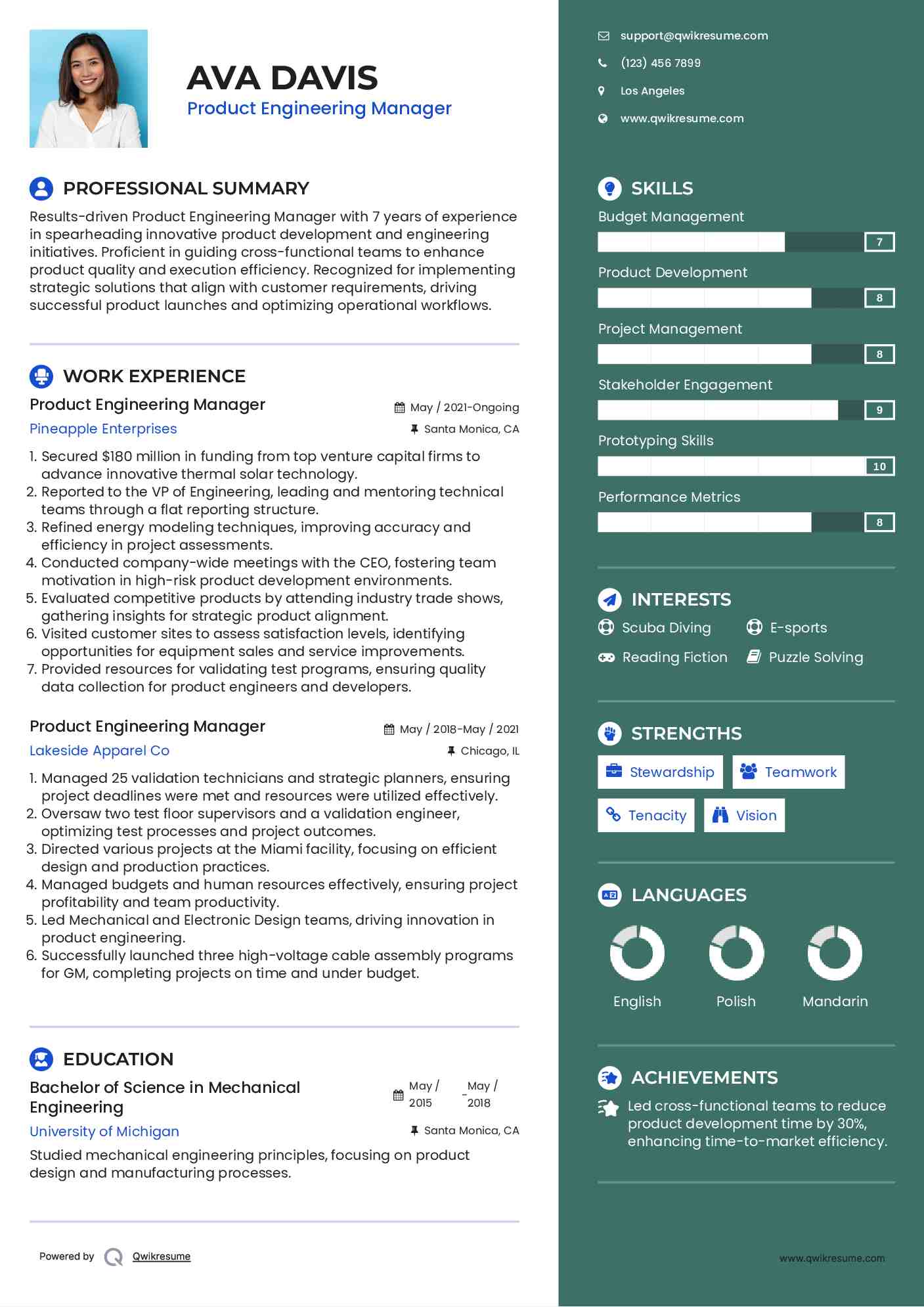 Product Engineering Manager Resume Sample
