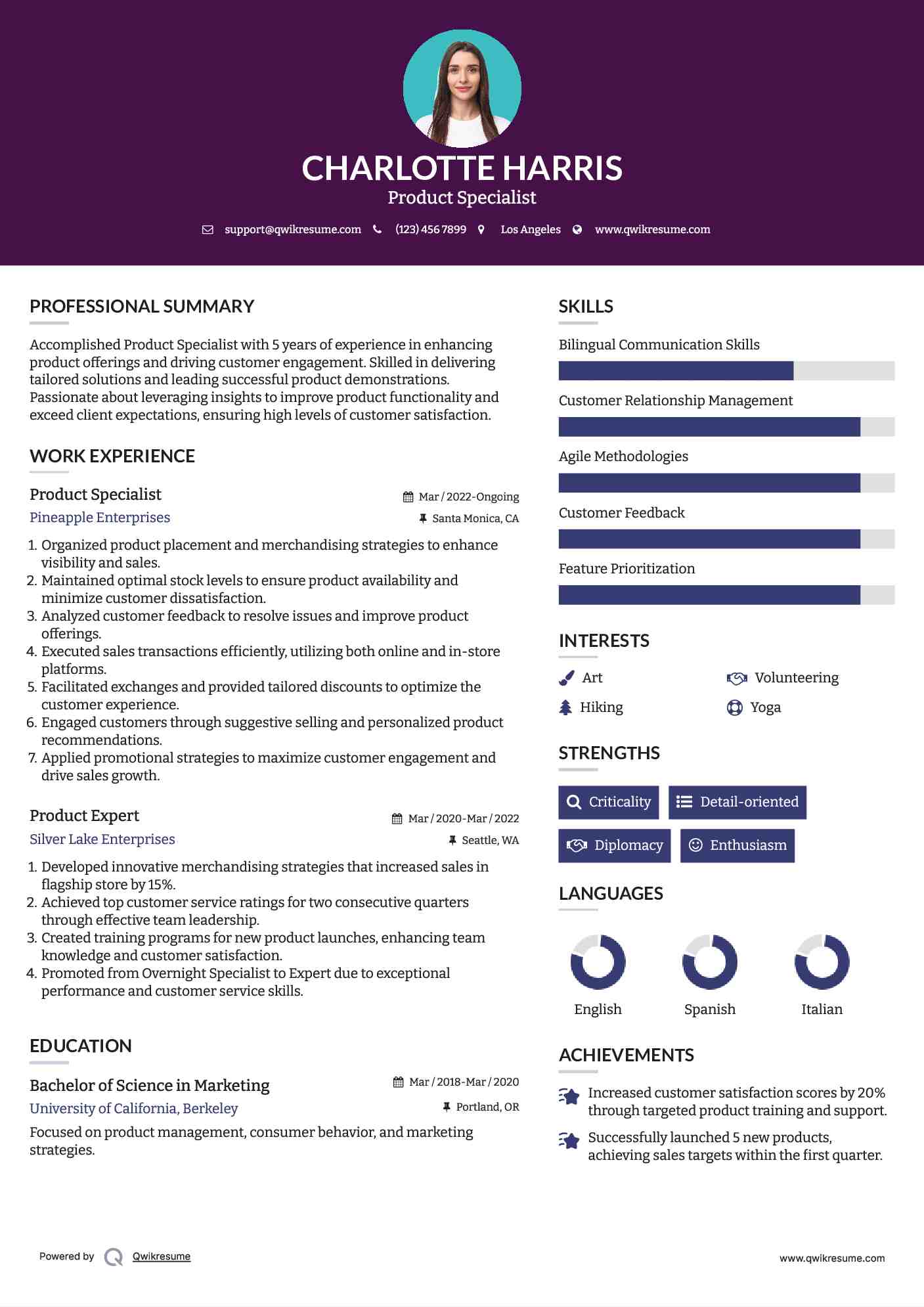 Product Specialist Resume Example