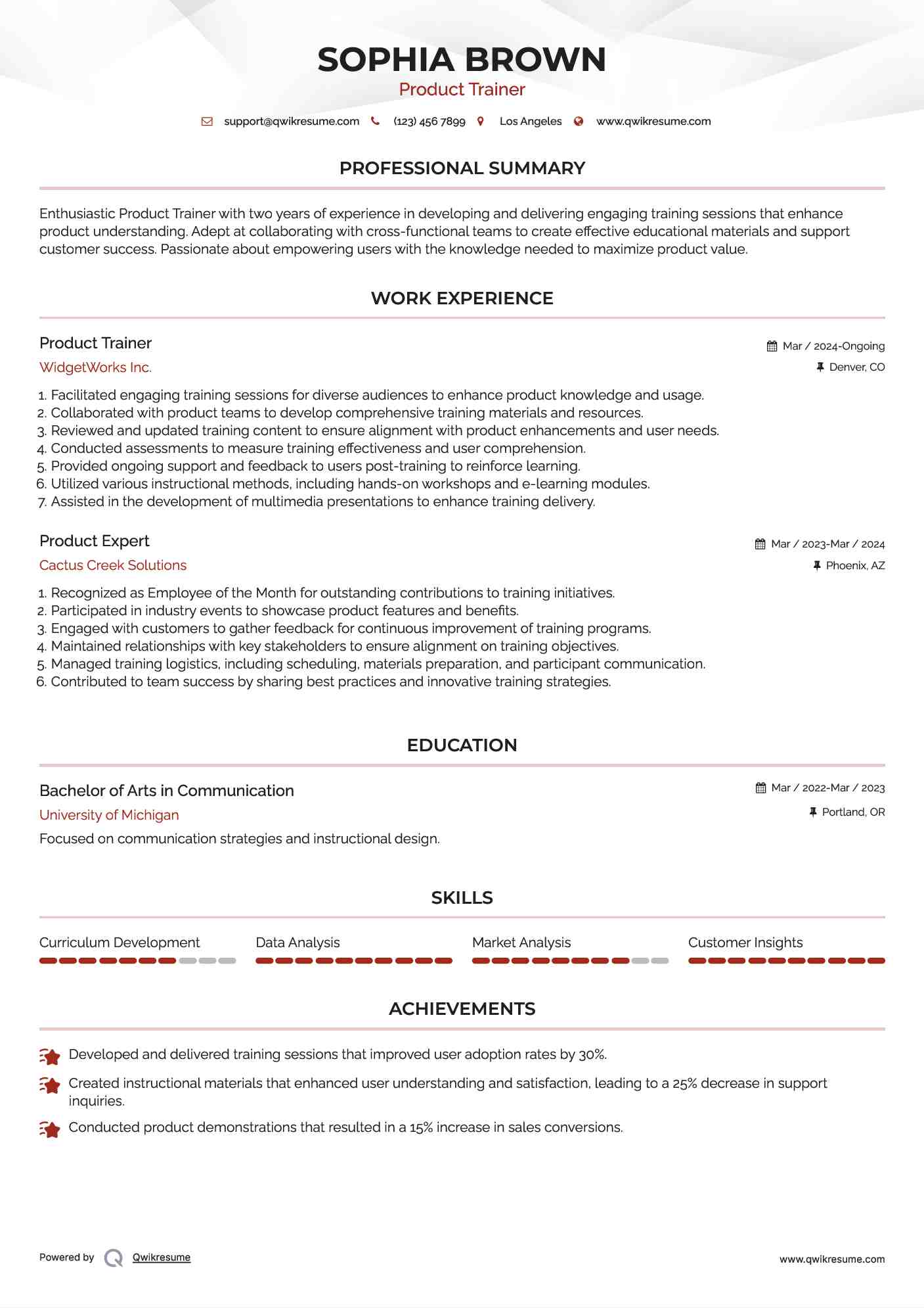 Product Trainer Resume Format