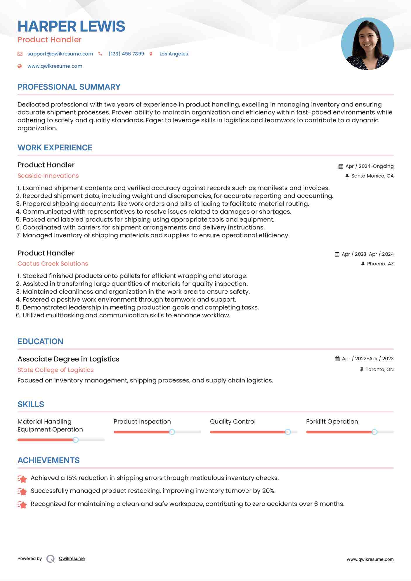 Product Handler Resume Template