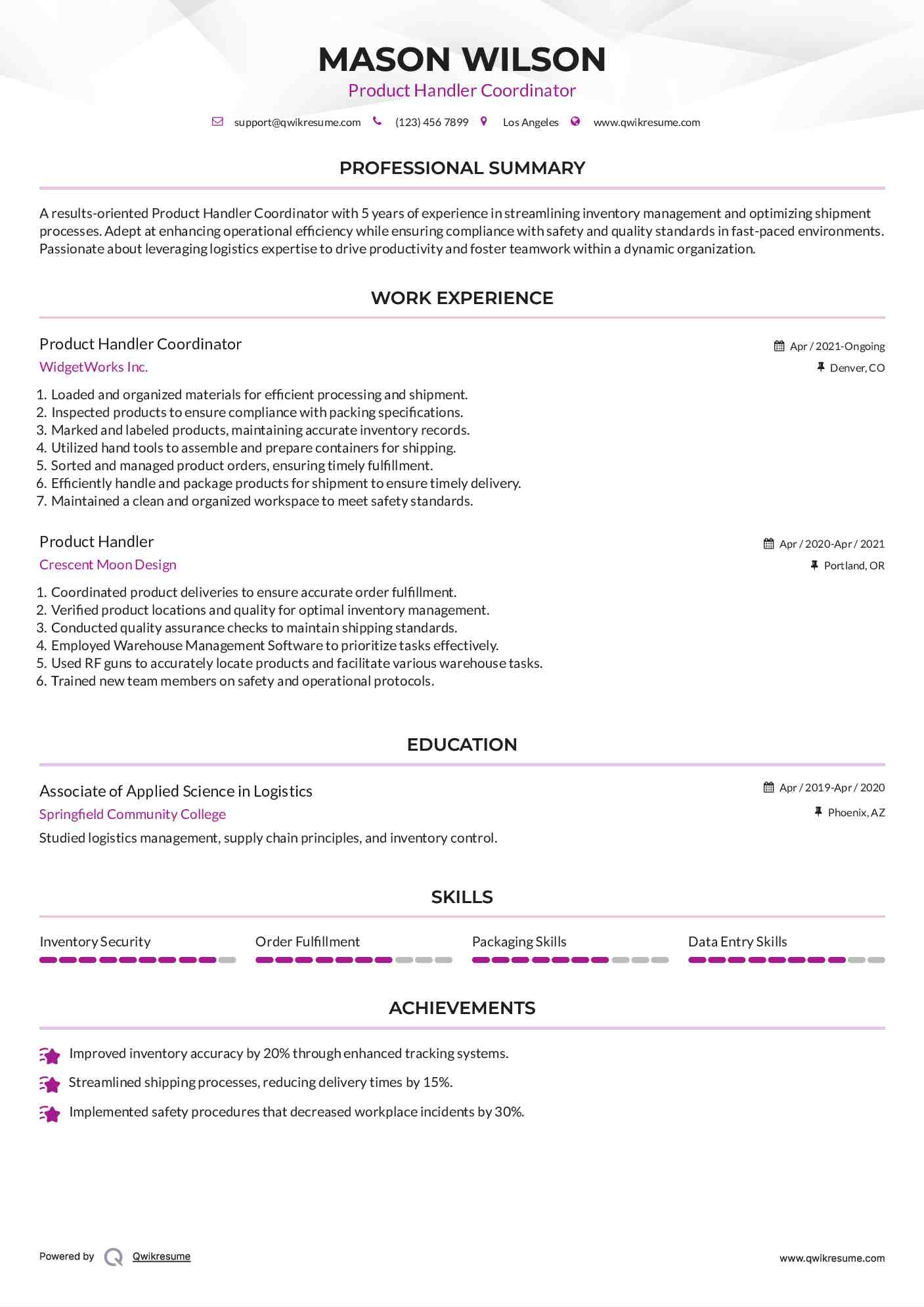 Product Handler Coordinator Resume Format