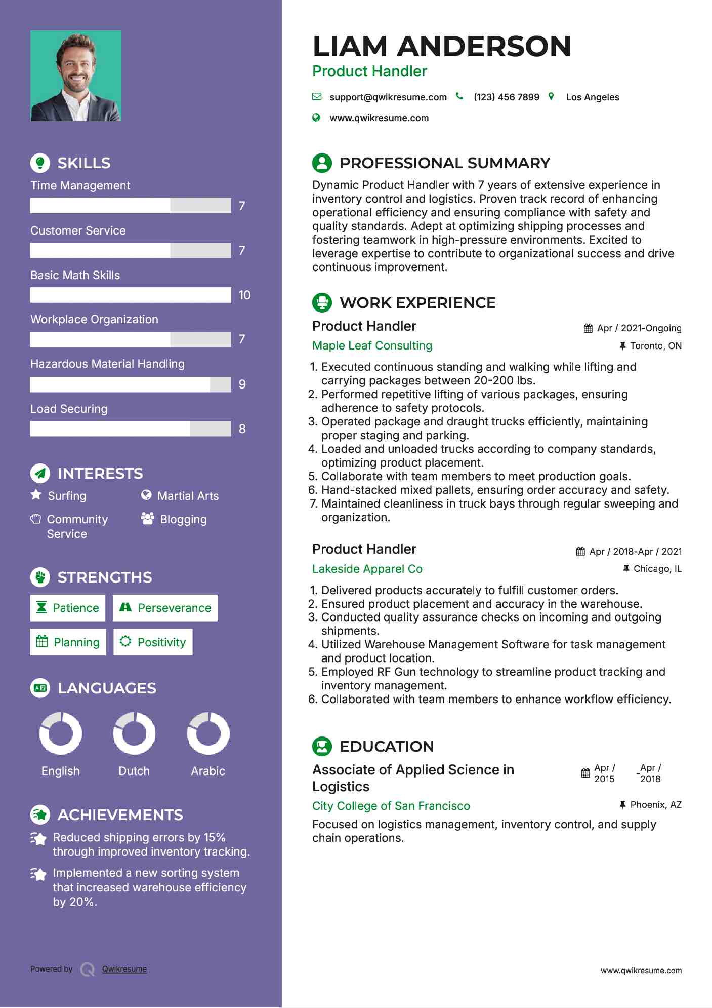 Product Handler Resume Sample