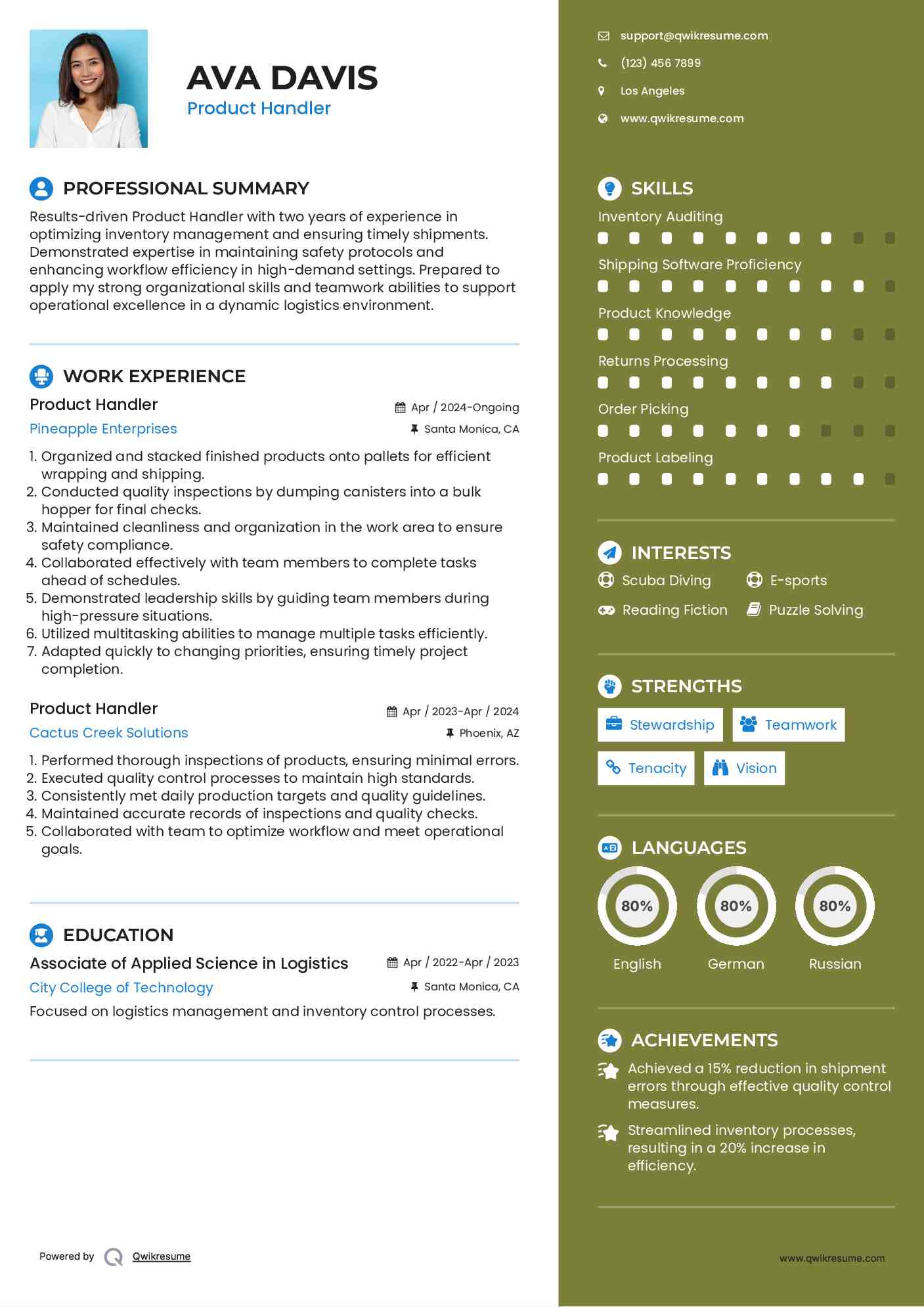 Product Handler Resume Model