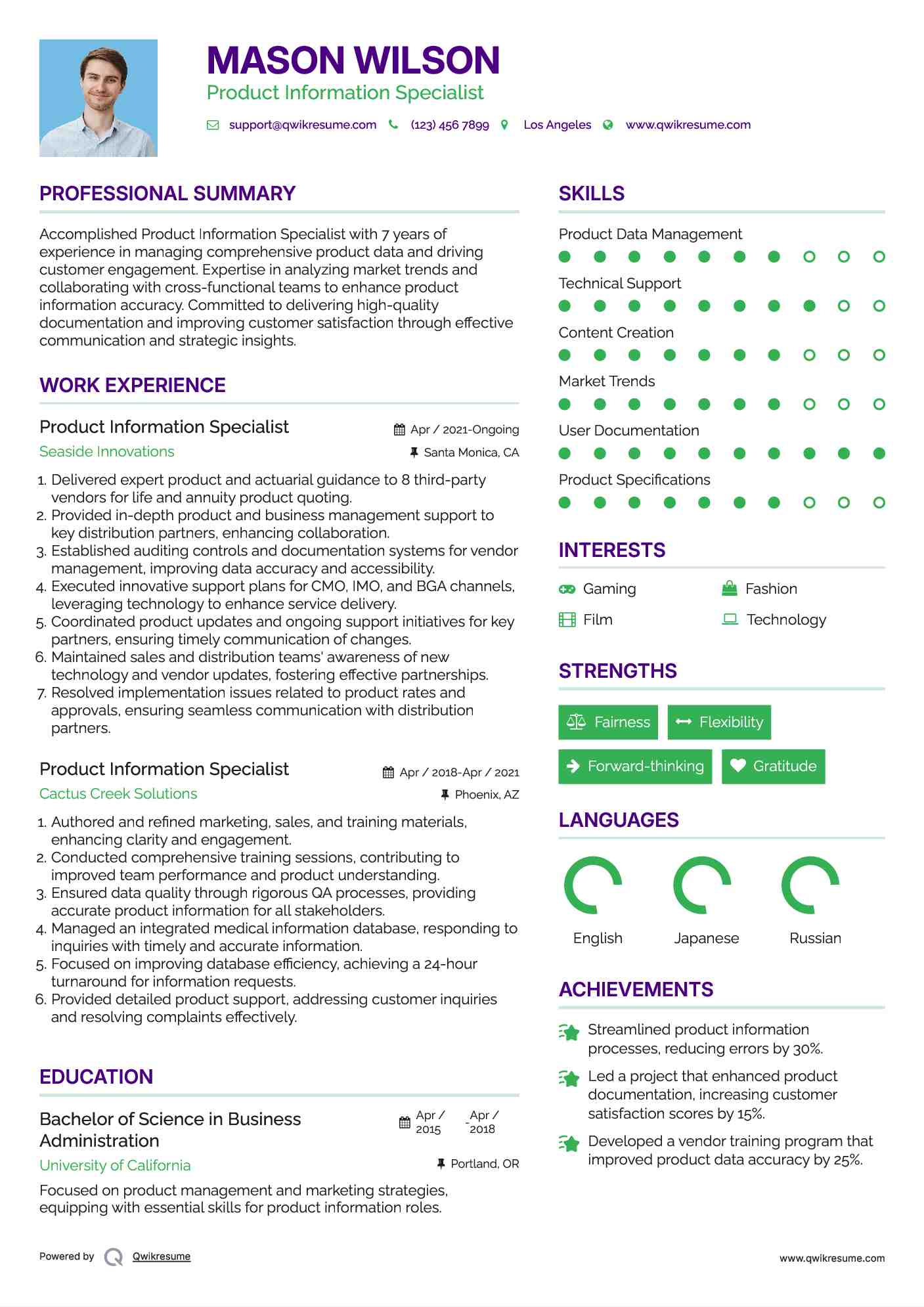 Product Information Specialist Resume Format