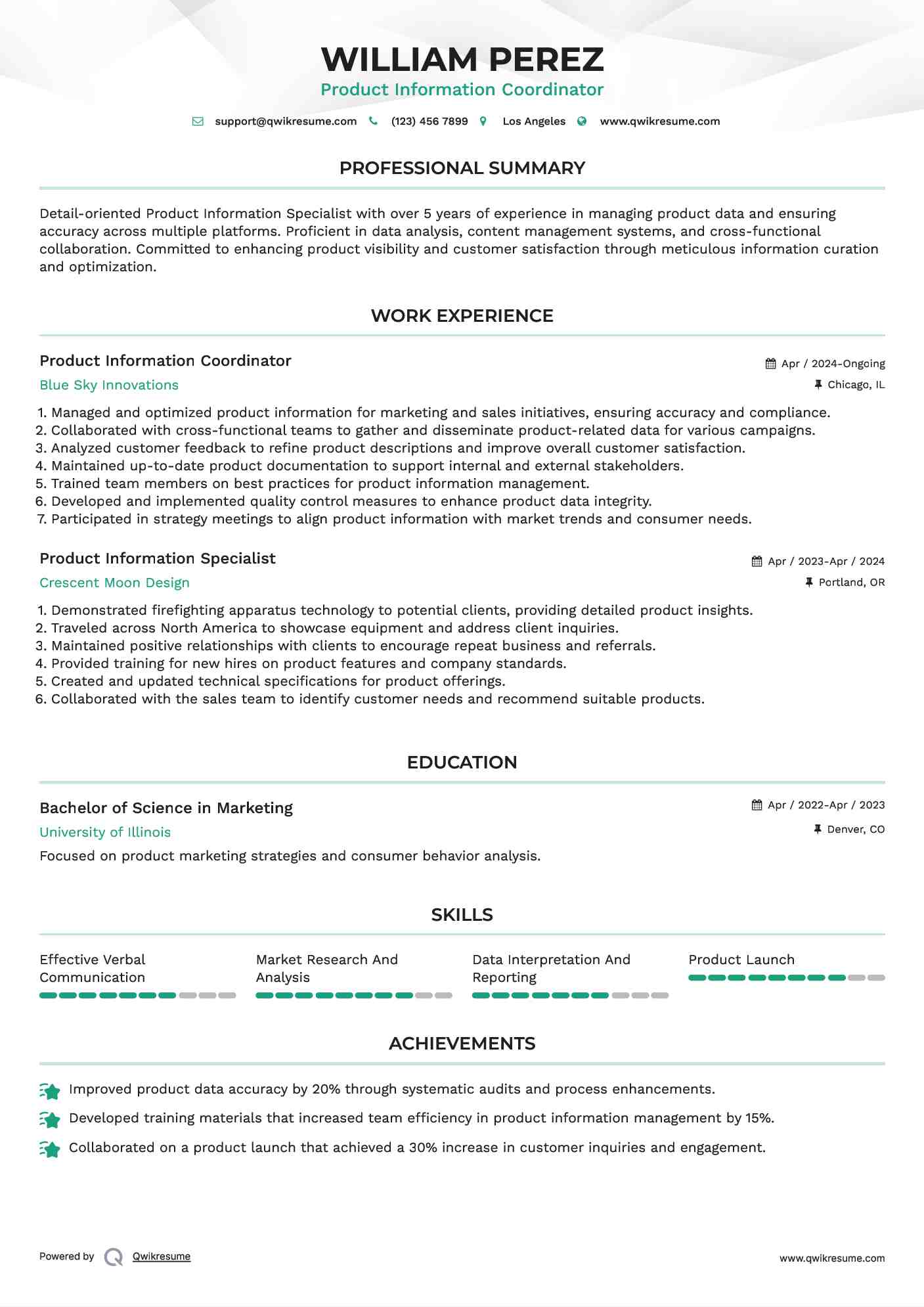 Product Information Coordinator Resume Example