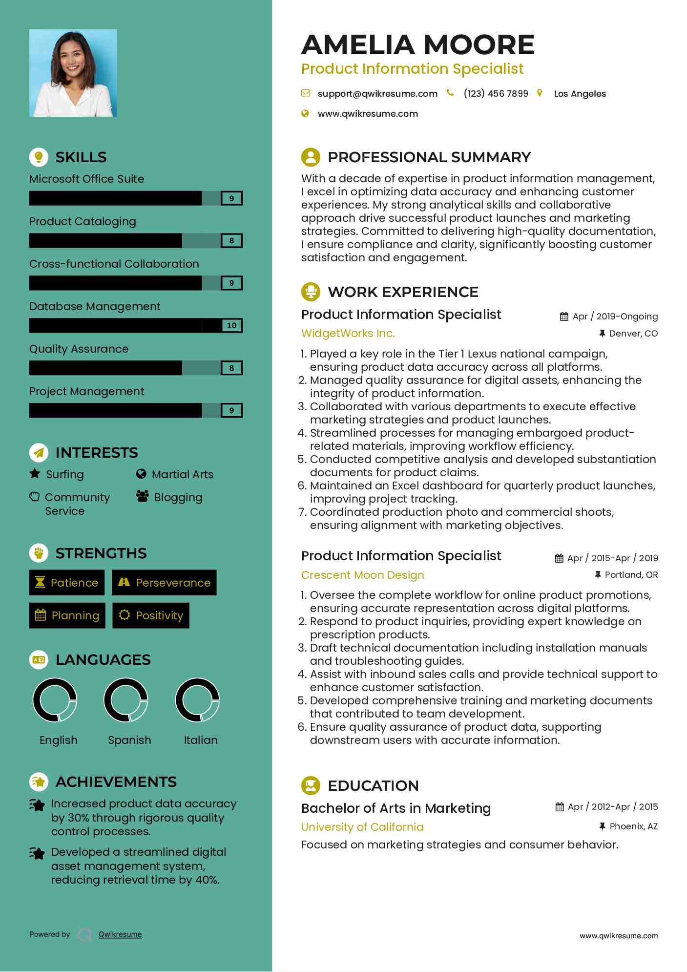 Product Information Specialist Resume Sample