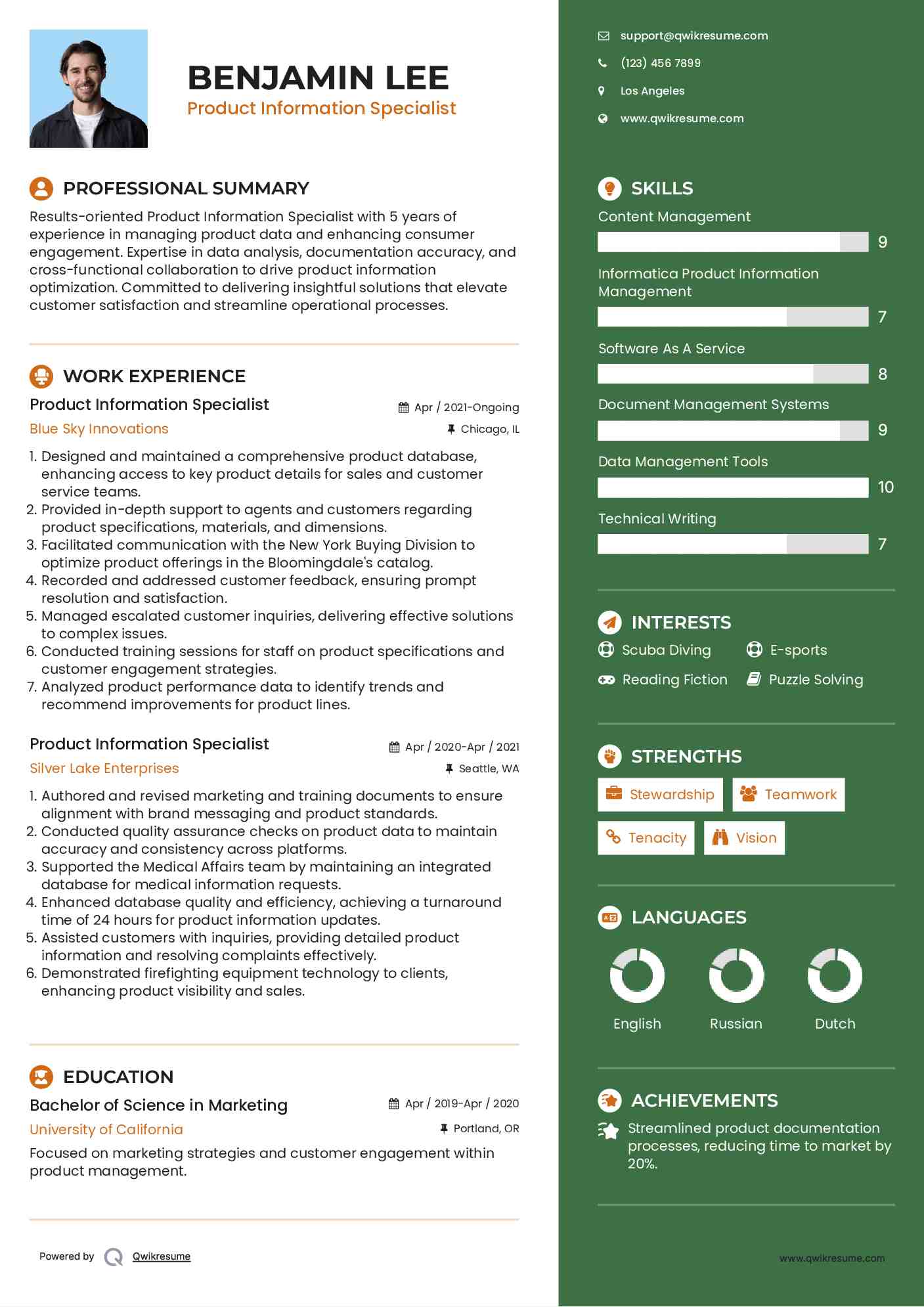 Product Information Specialist Resume Model