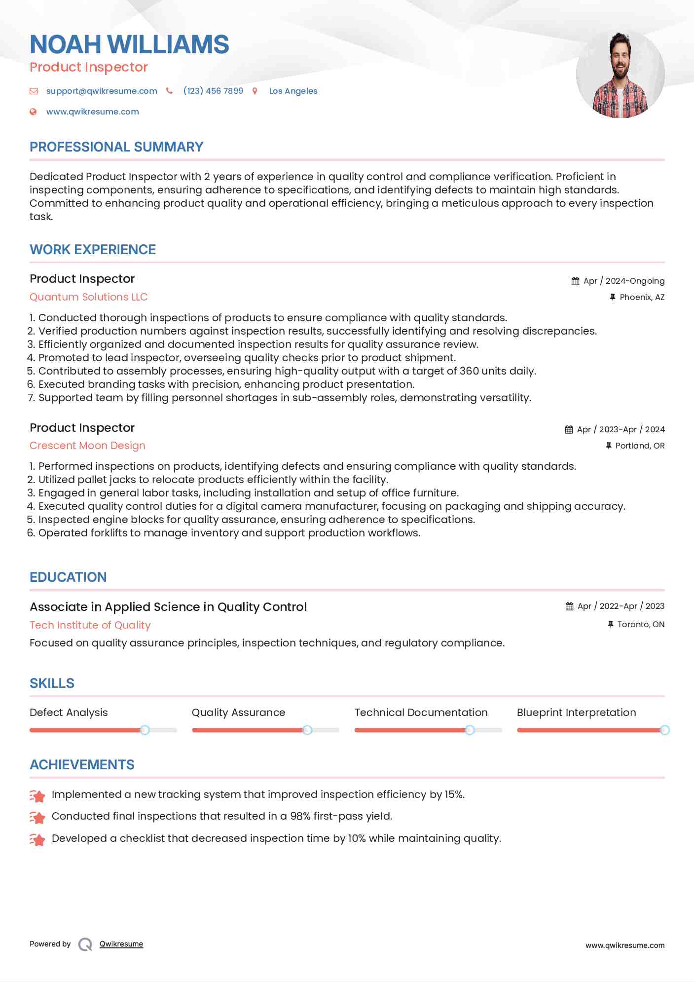 Product Inspector Resume Format