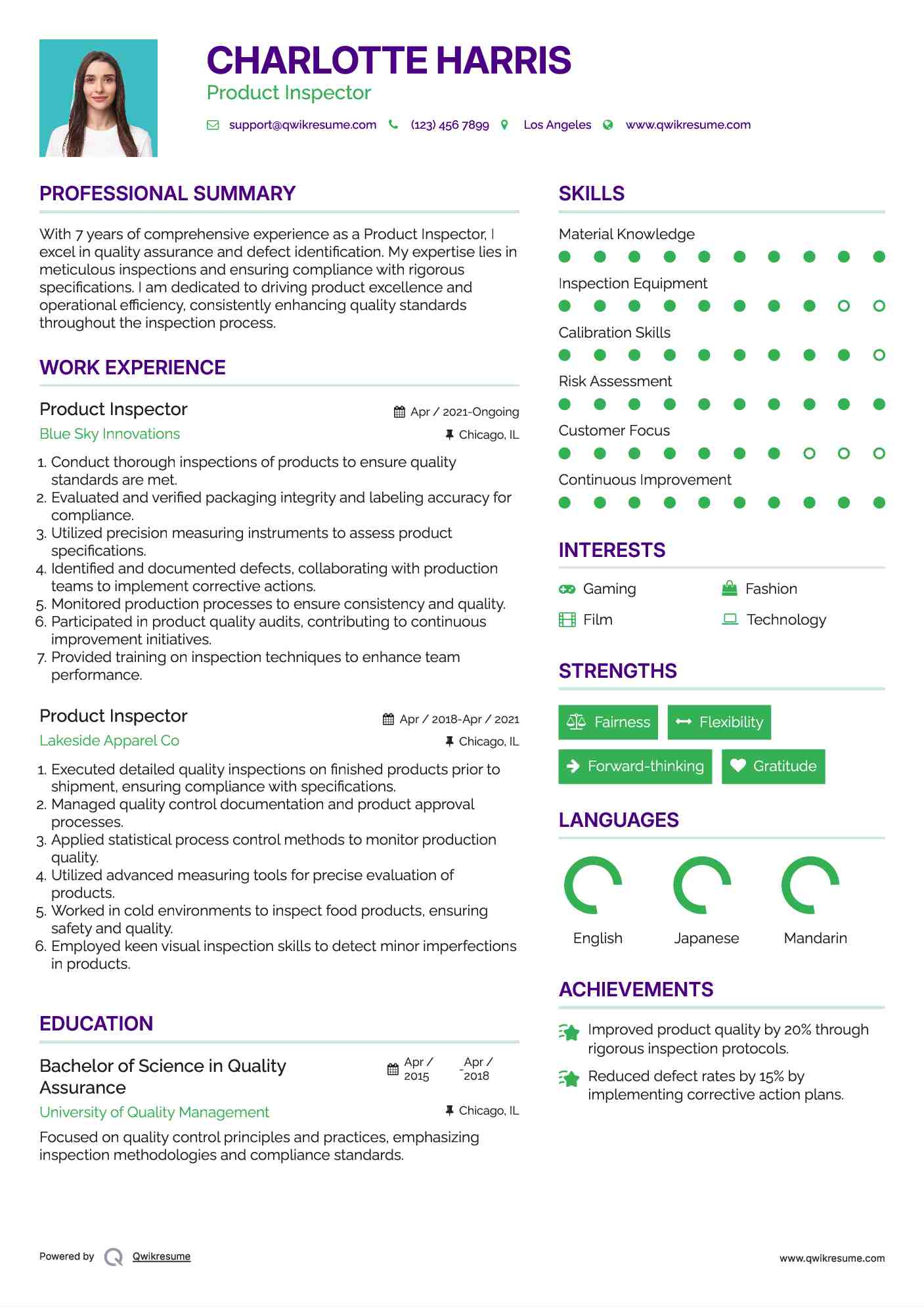 Product Inspector Resume Sample