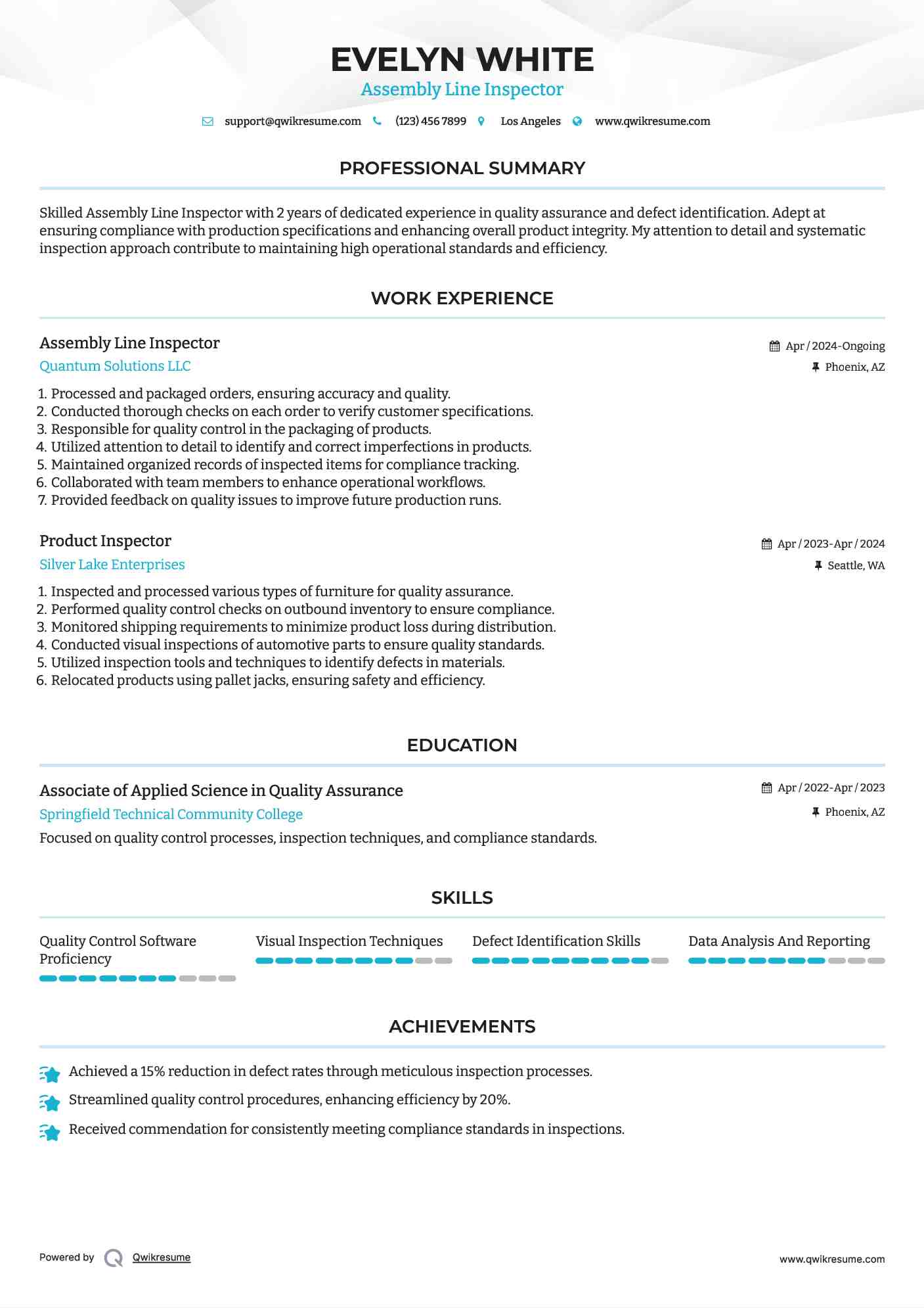 Assembly Line Inspector Resume Example