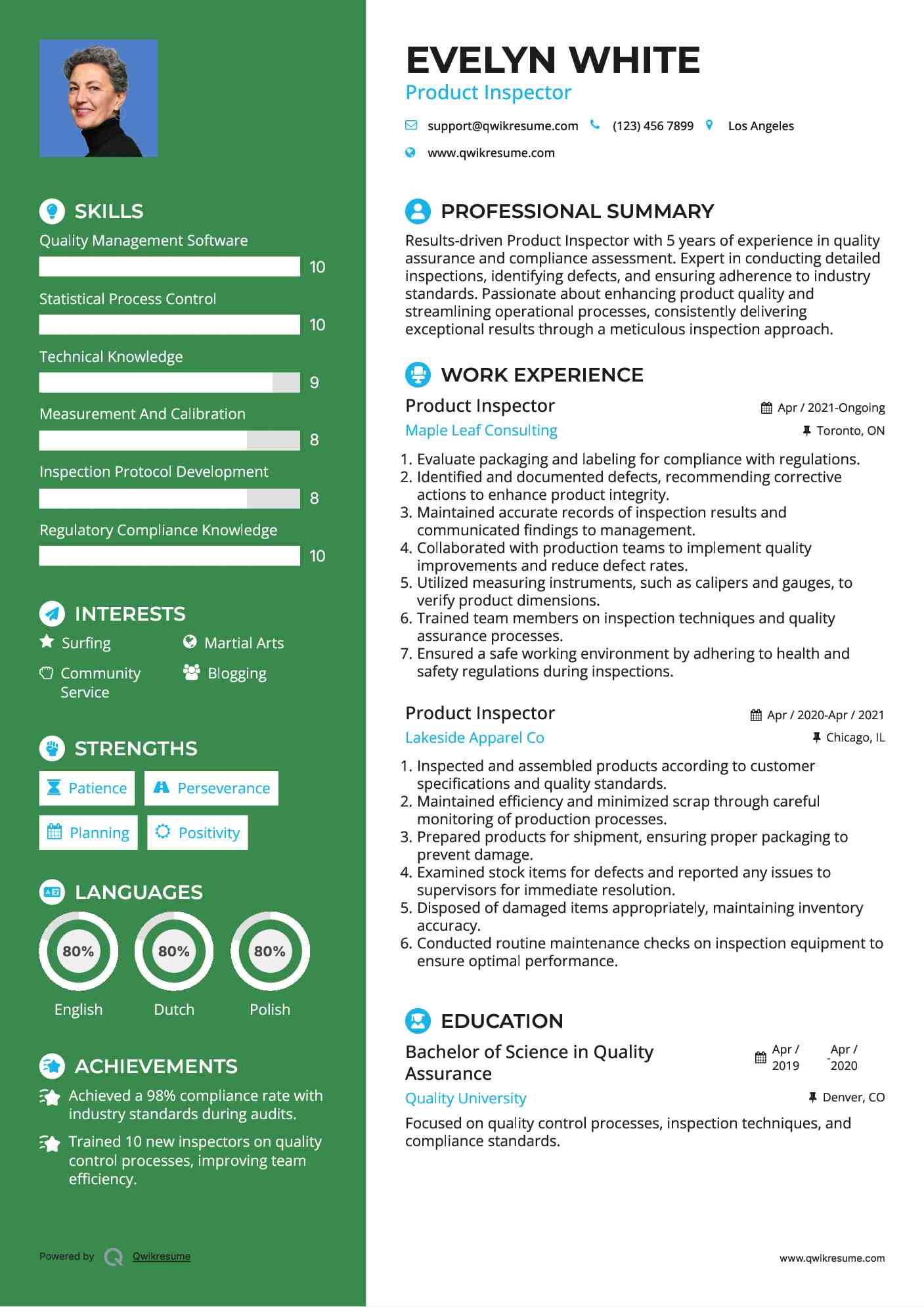 Product Inspector Resume Example