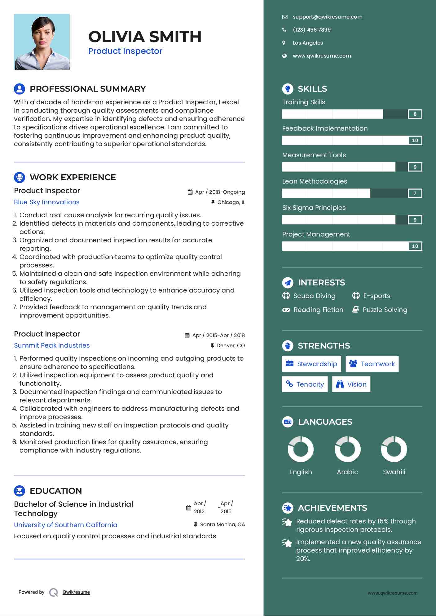 Product Inspector Resume Example