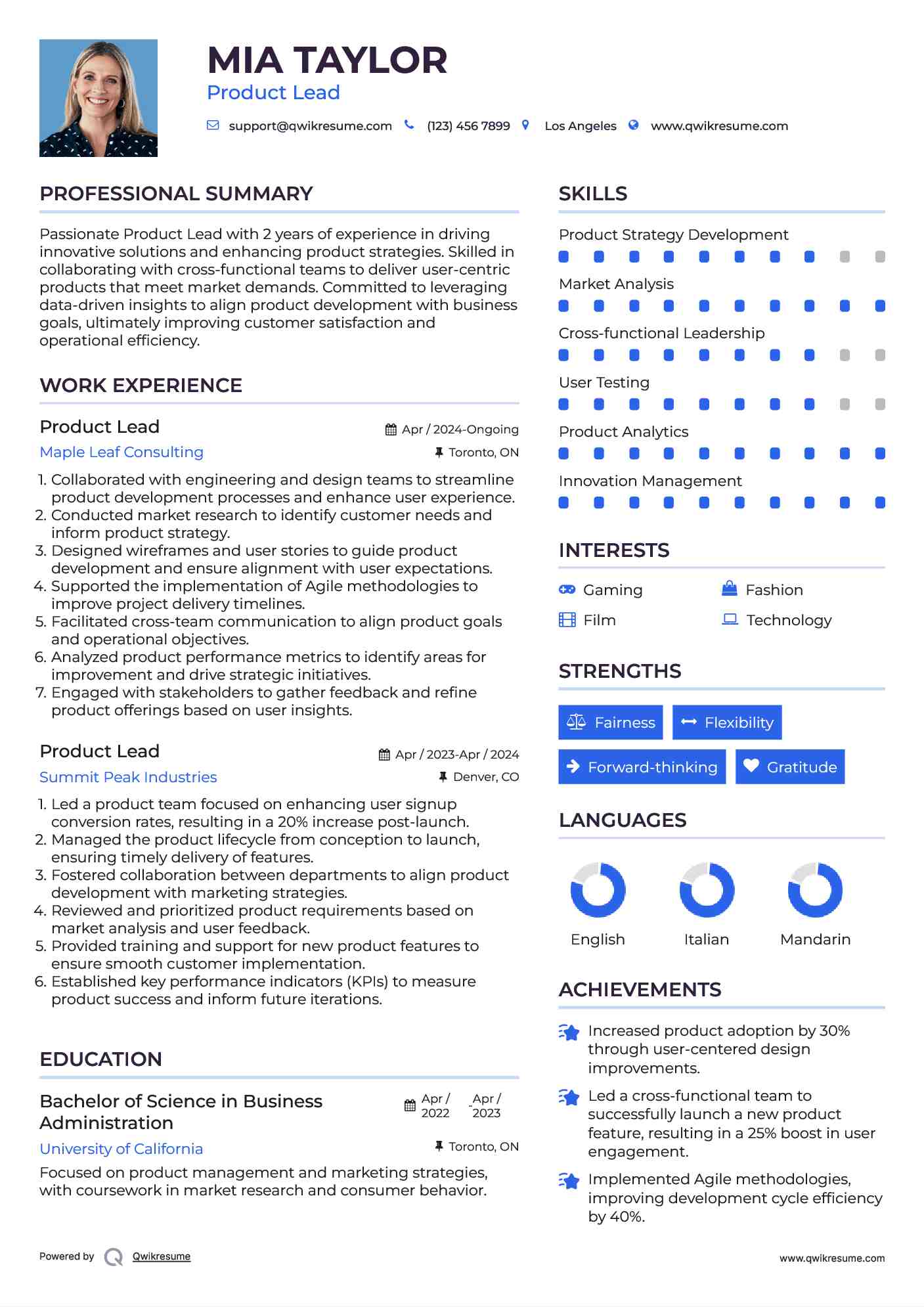Product Lead Resume Model