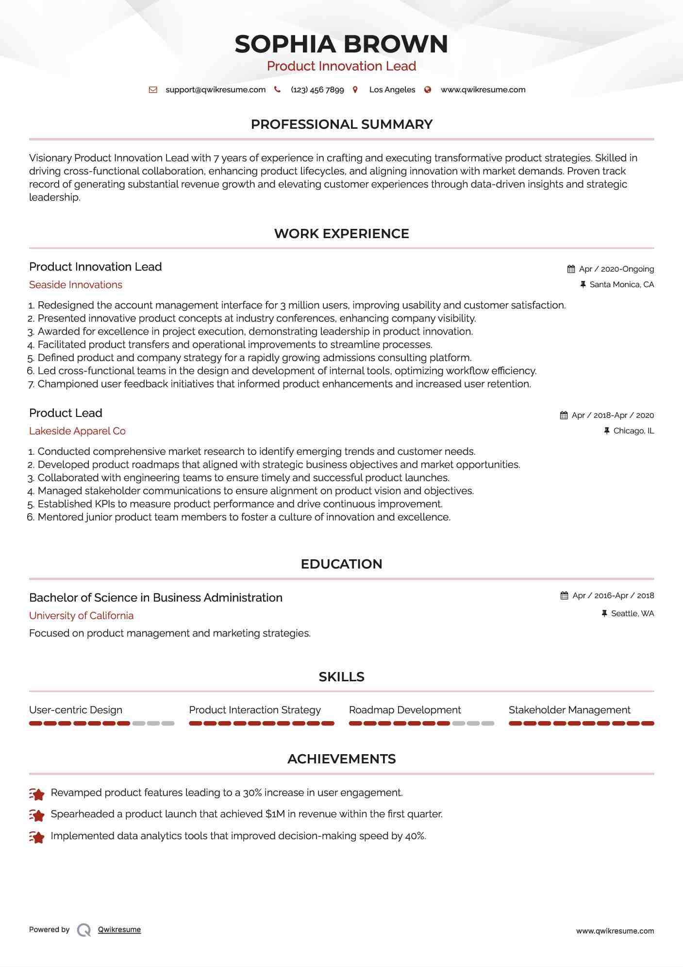 Product Innovation Lead Resume Model