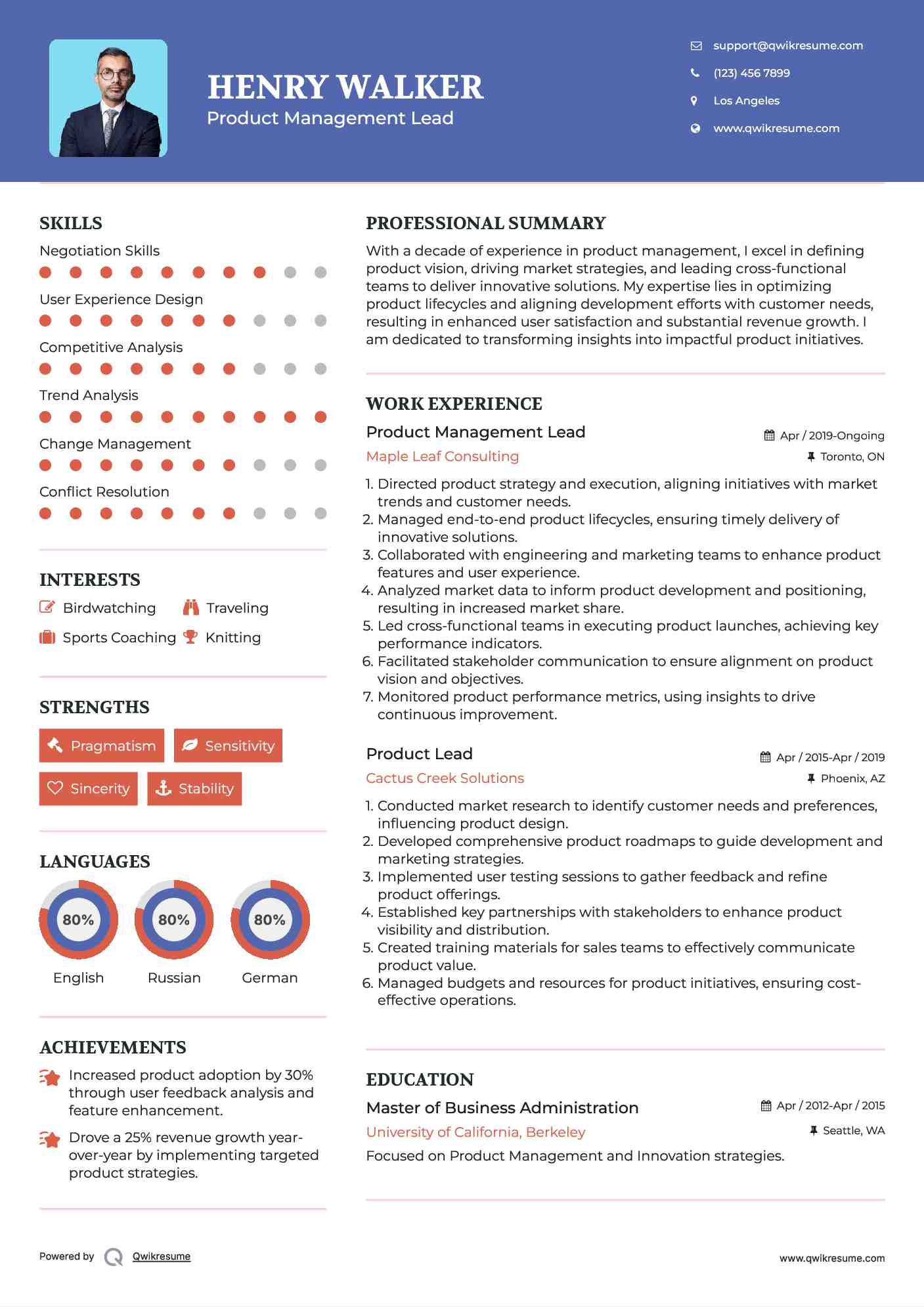Product Management Lead Resume Example