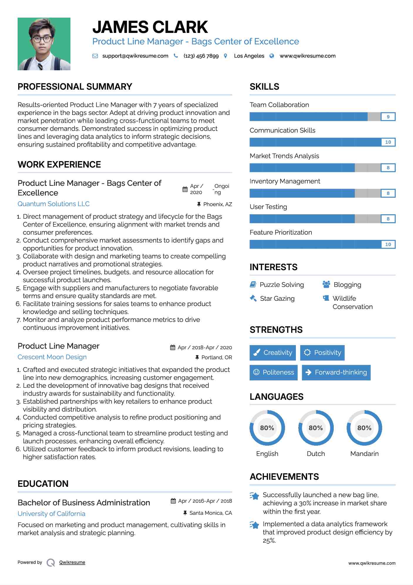 Product Line Manager - Bags Center of Excellence Resume Model