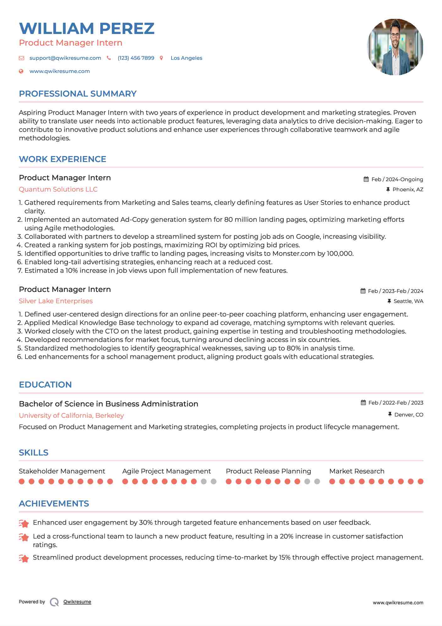 Product Manager Intern Resume Template
