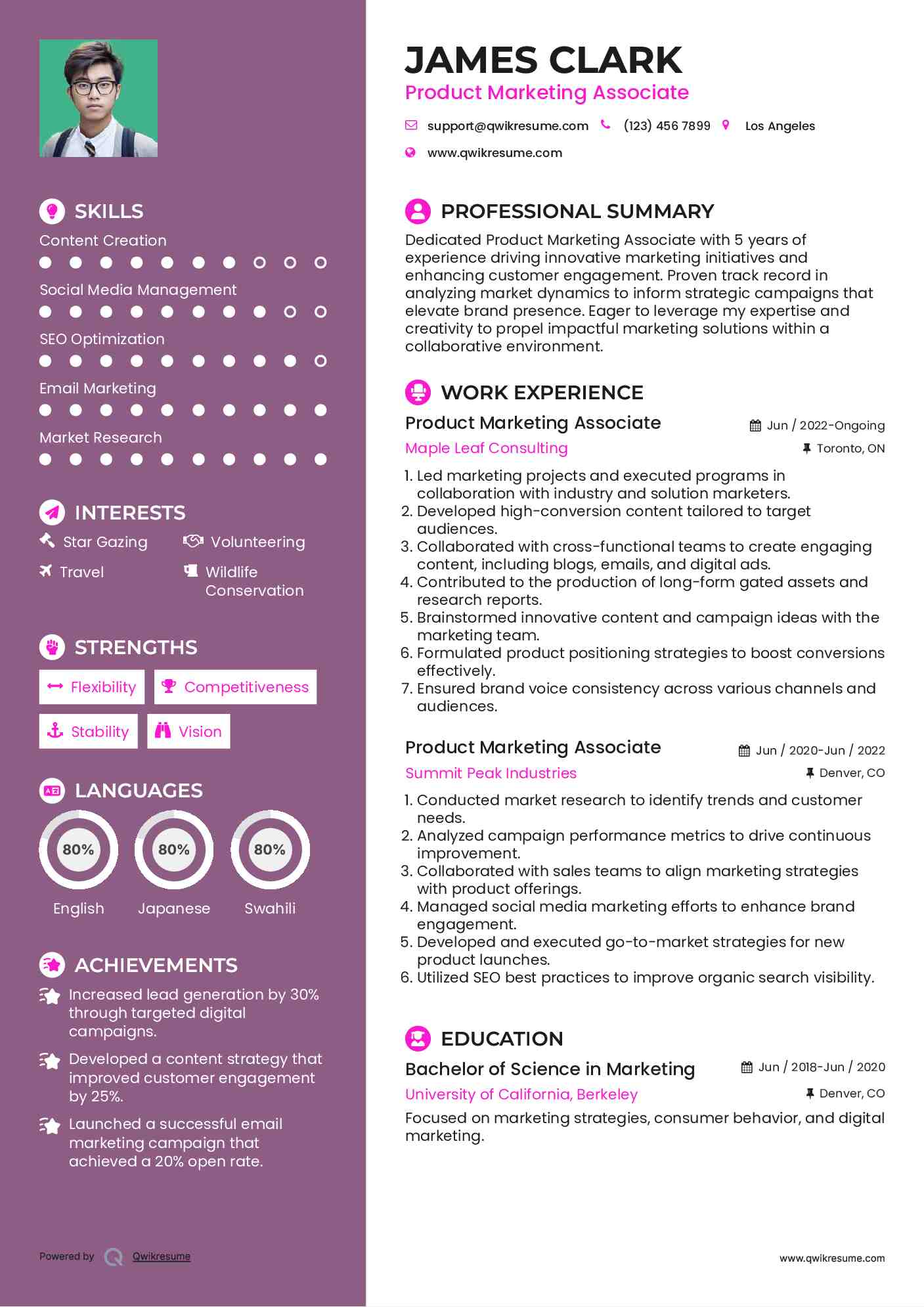 Product Marketing Associate Resume Sample