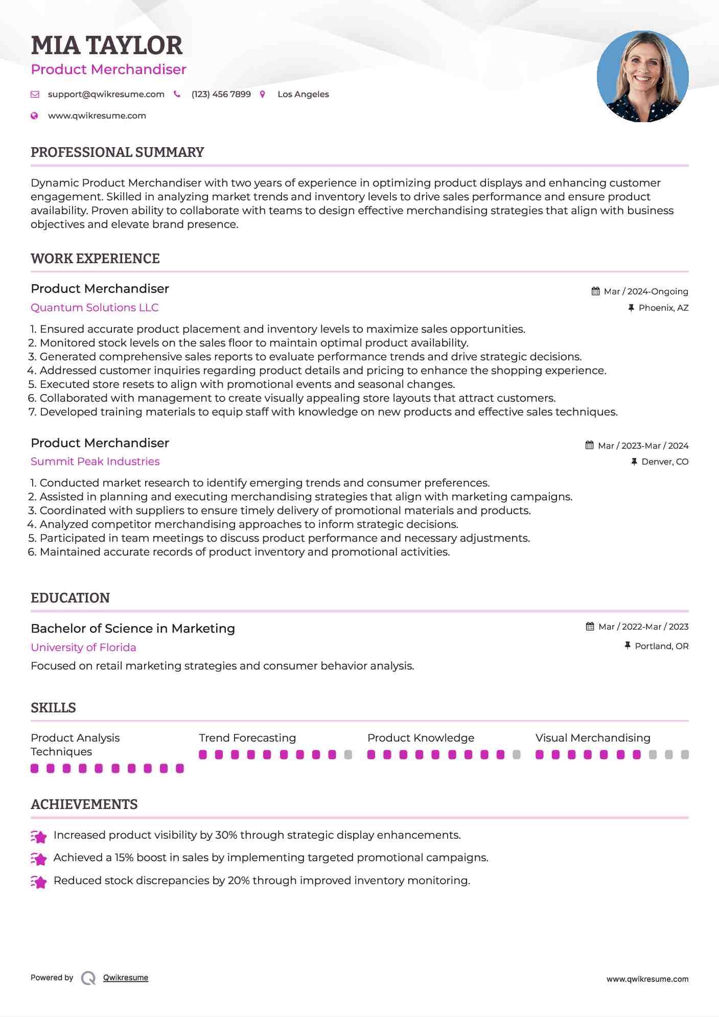 Product Merchandiser Resume Model