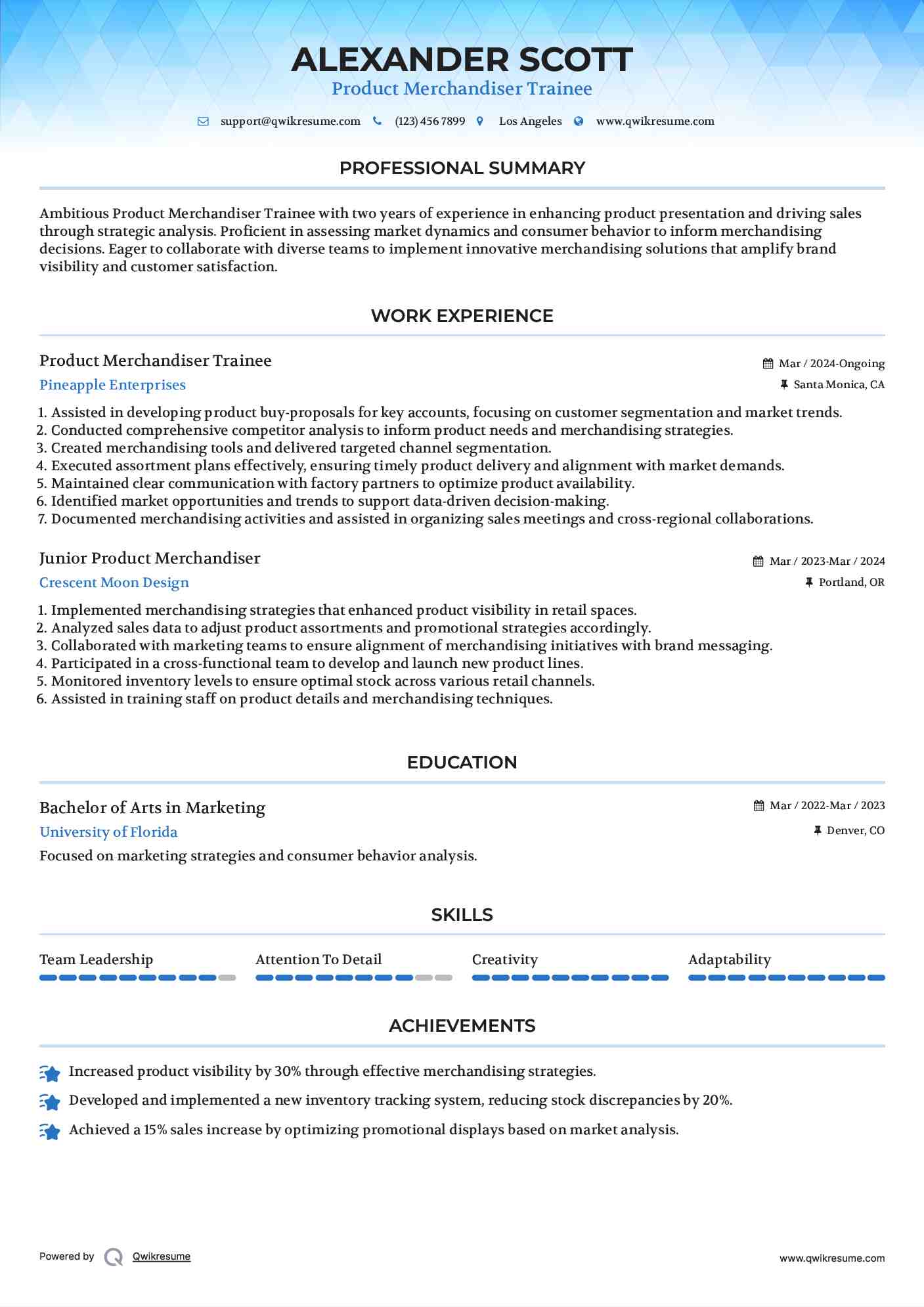 Product Merchandiser Trainee Resume Sample