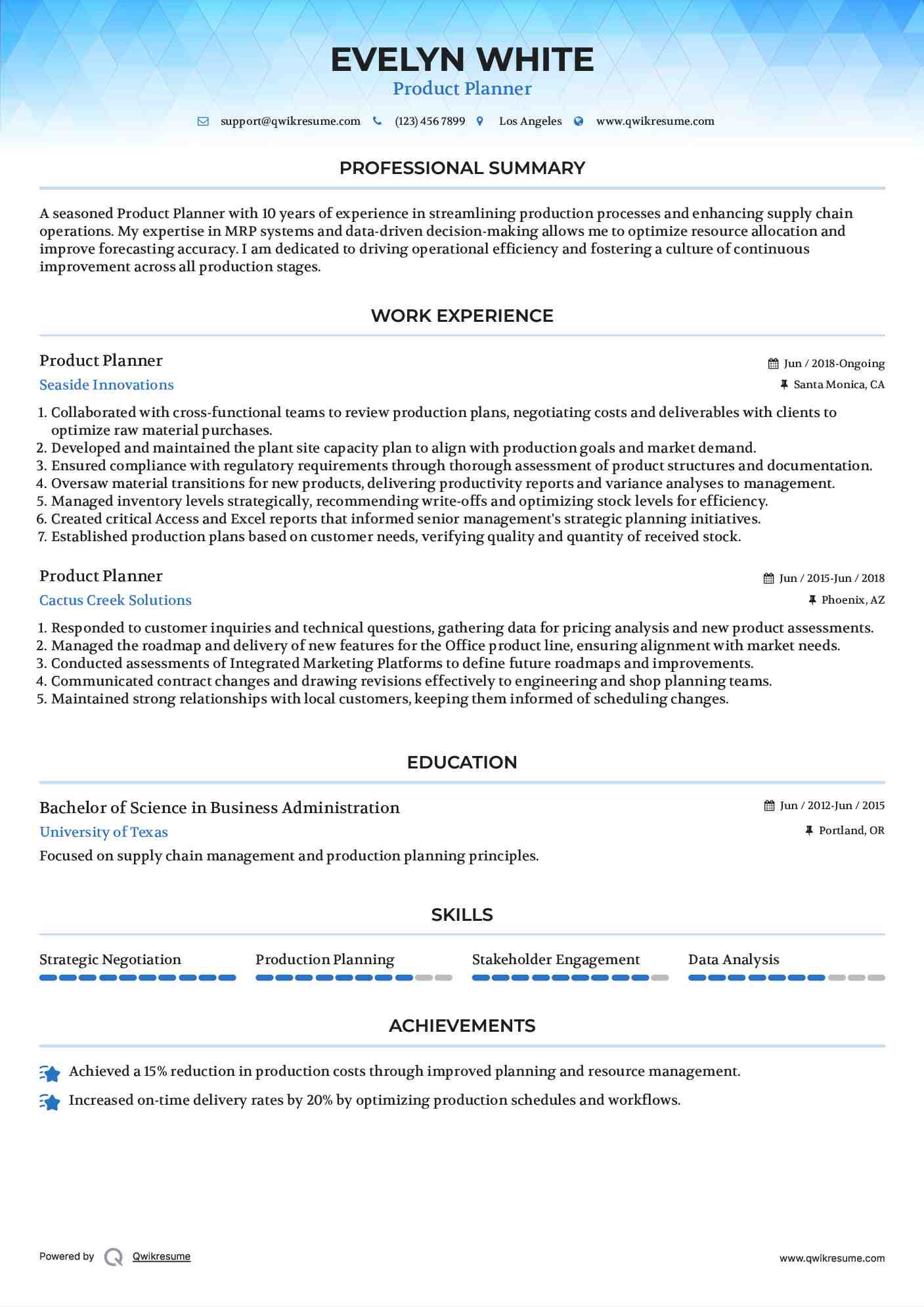 Product Planner Resume Format