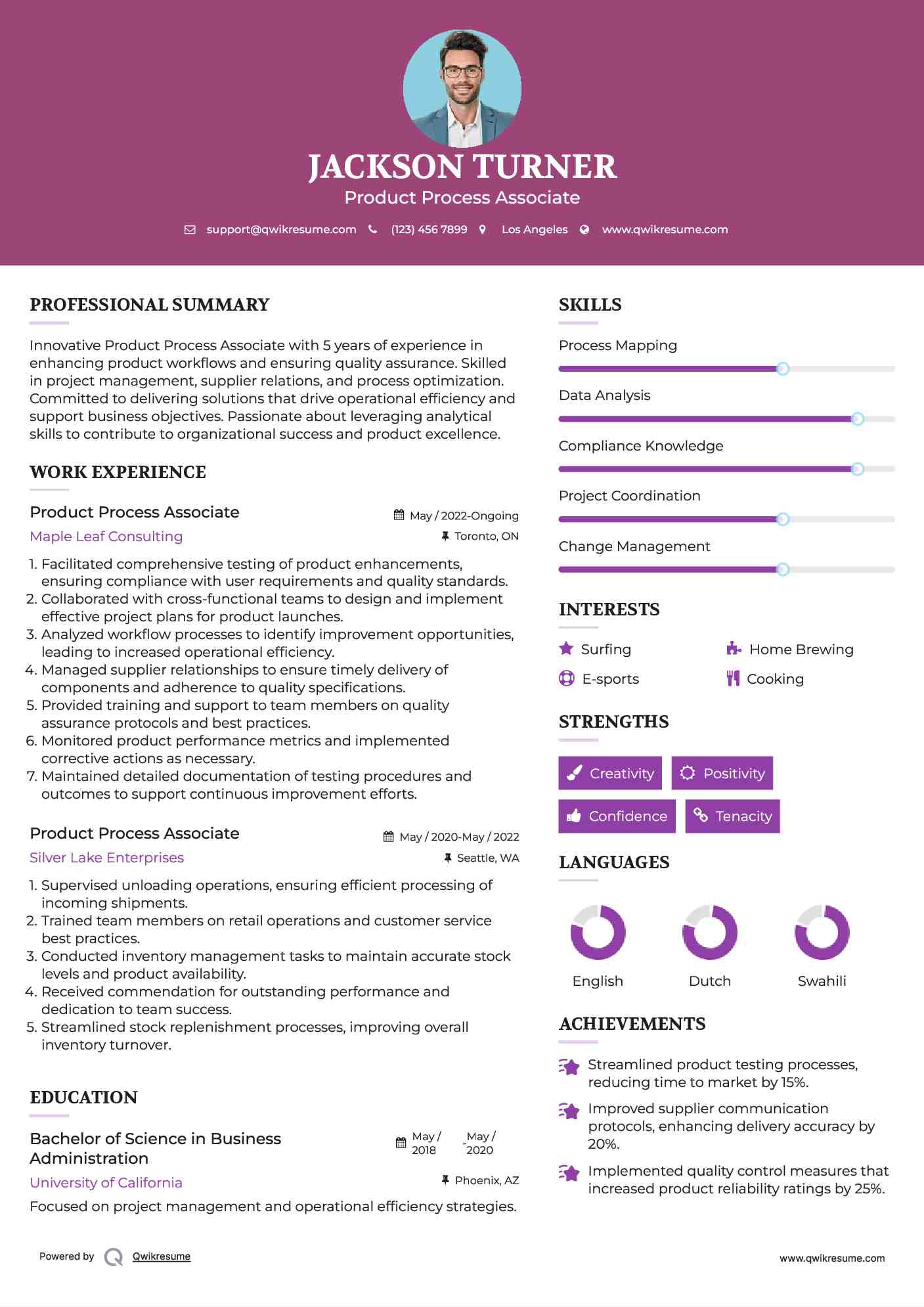 Product Process Associate Resume Example