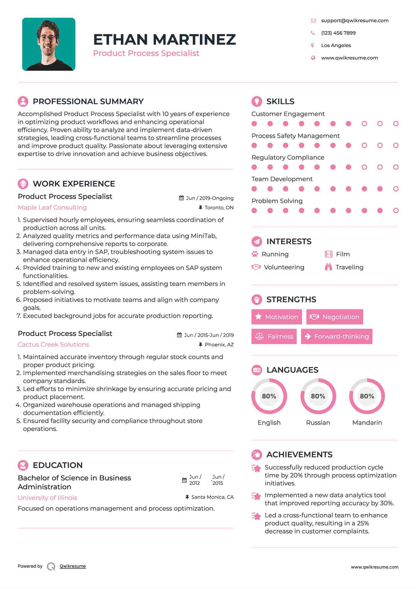 Product Process Specialist Resume Format
