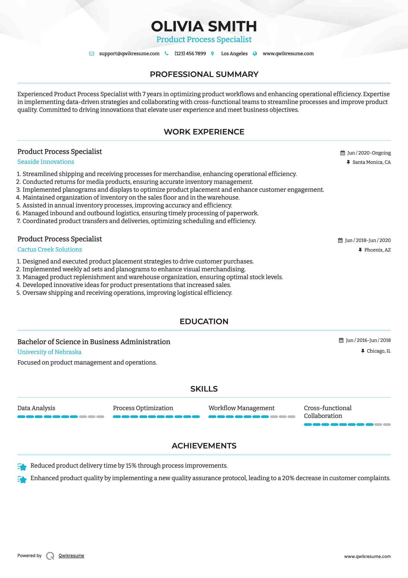 Product Process Specialist Resume Sample