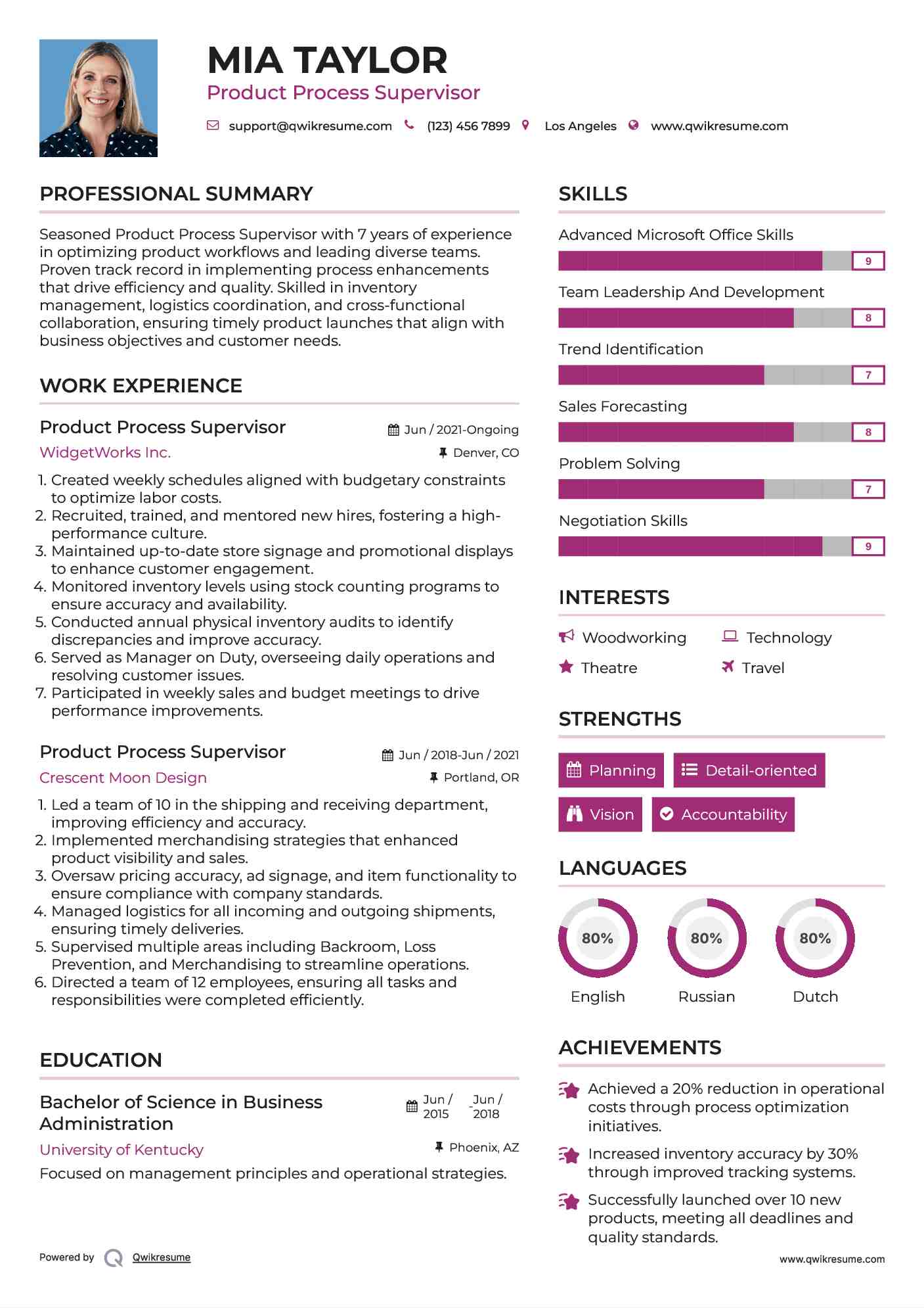 Product Process Supervisor Resume Format