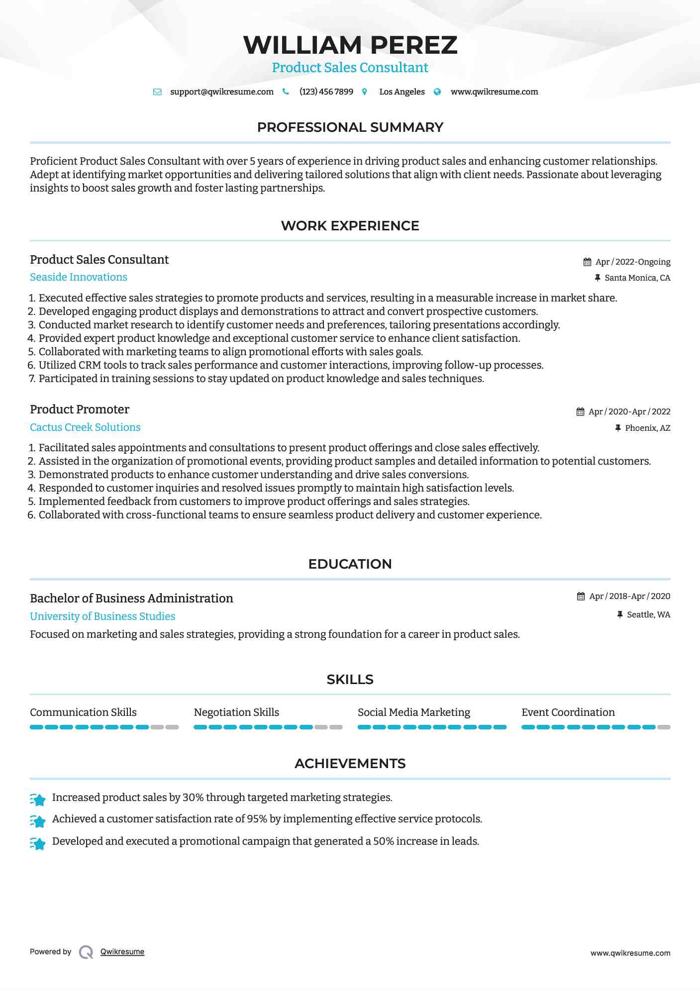 Product Sales Consultant Resume Sample