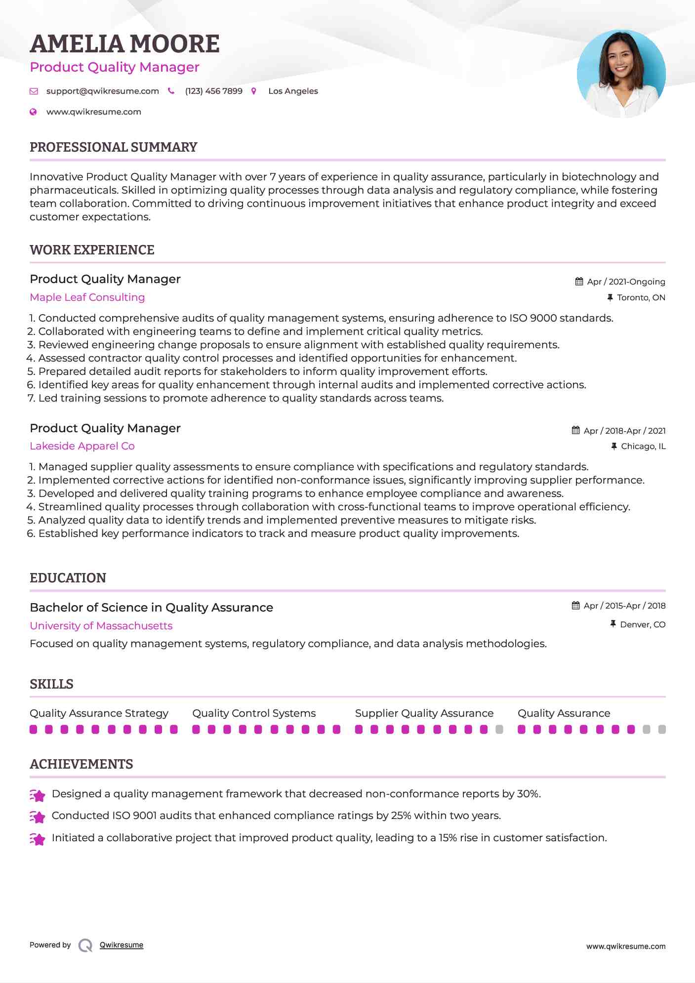 Product Quality Manager Resume Example