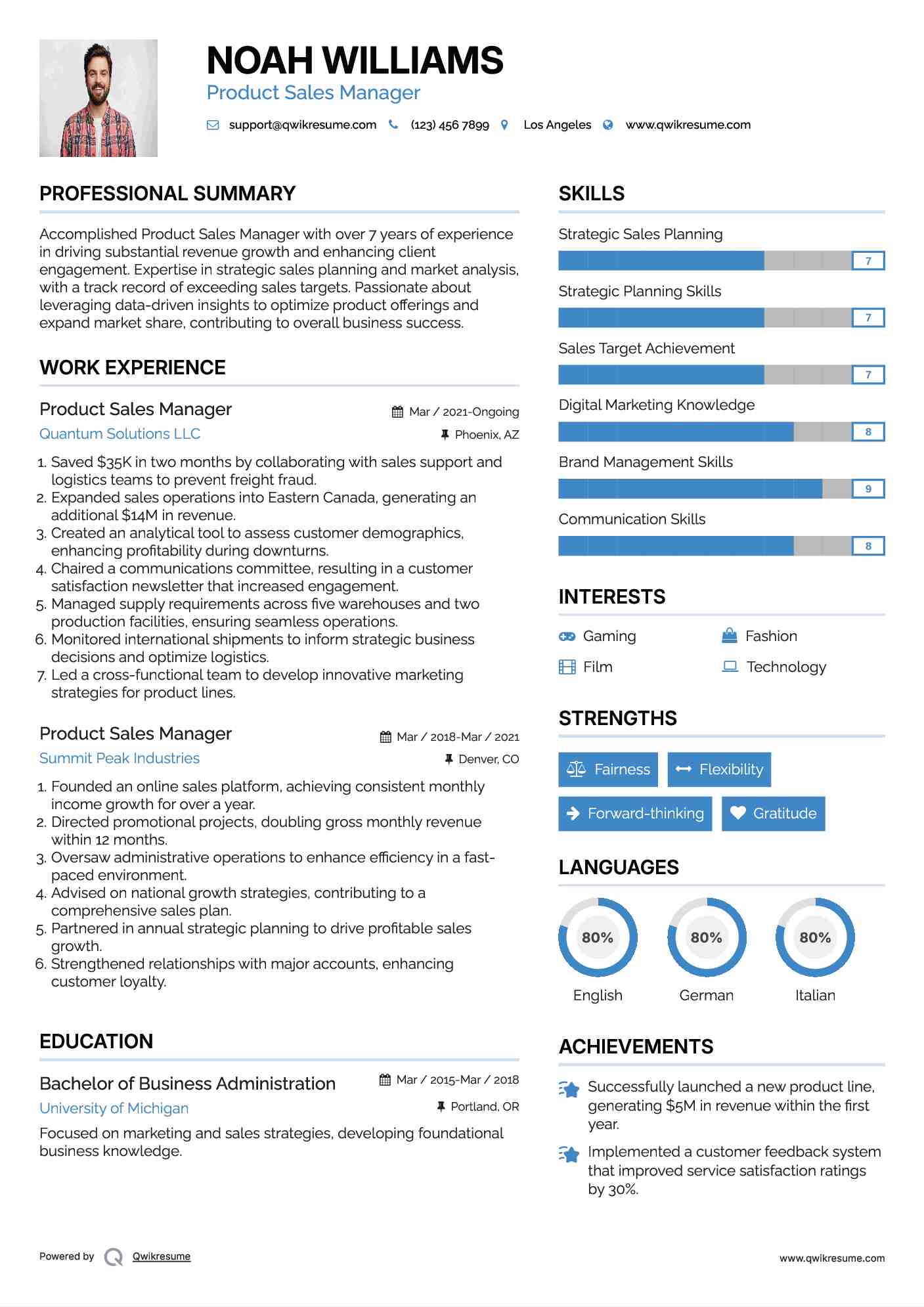 Product Sales Manager Resume Format