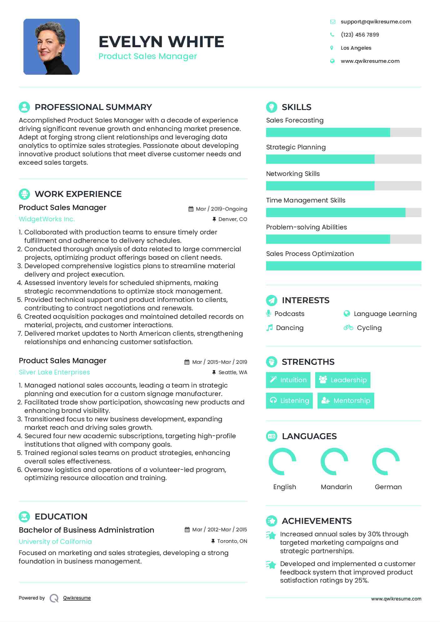 Product Sales Manager Resume Sample