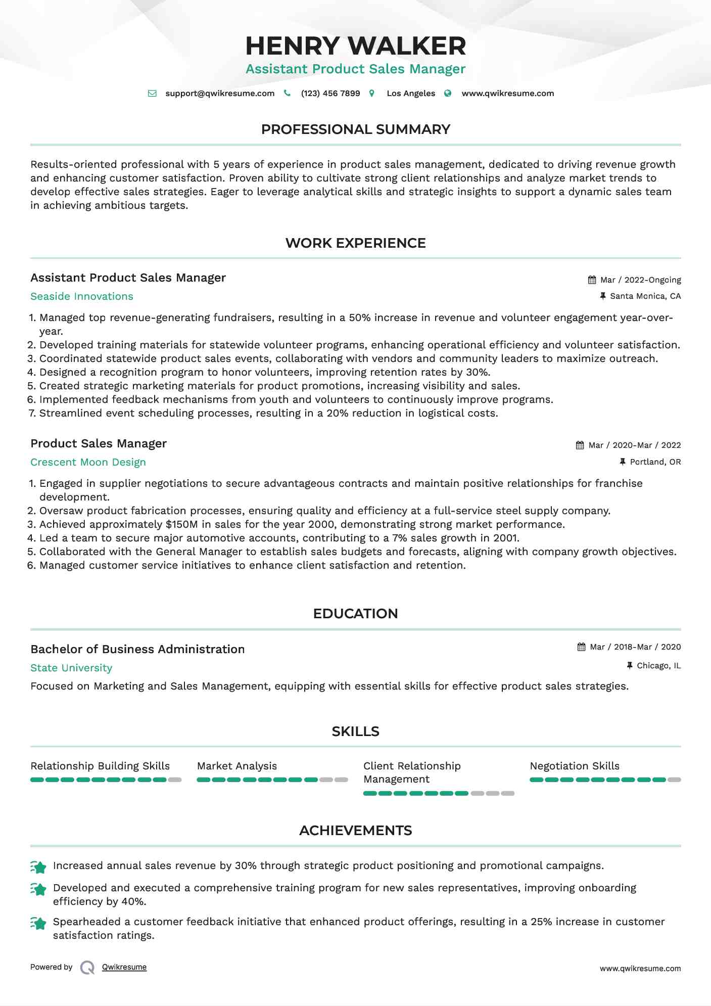 Assistant Product Sales Manager Resume Model