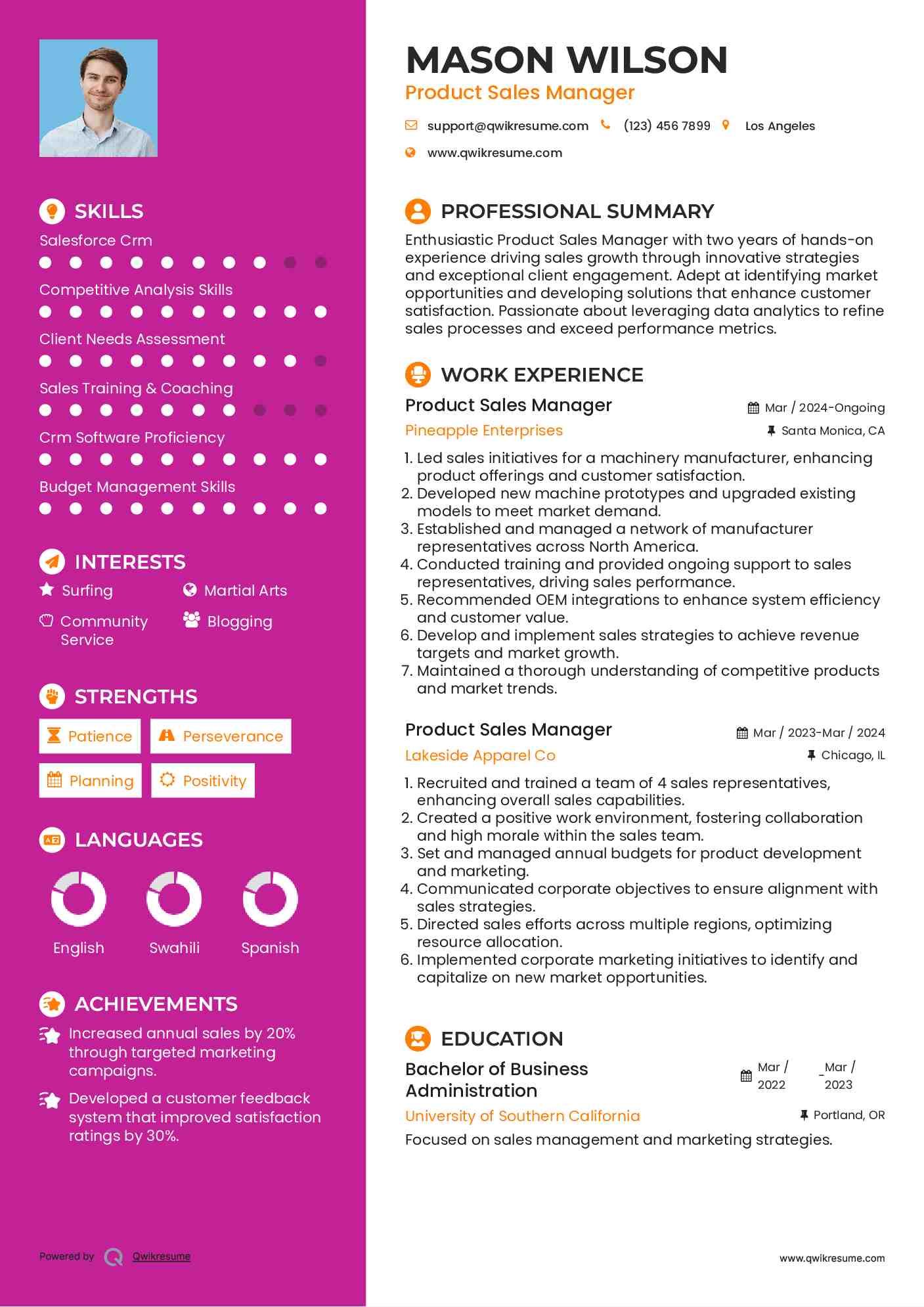 Product Sales Manager Resume Sample