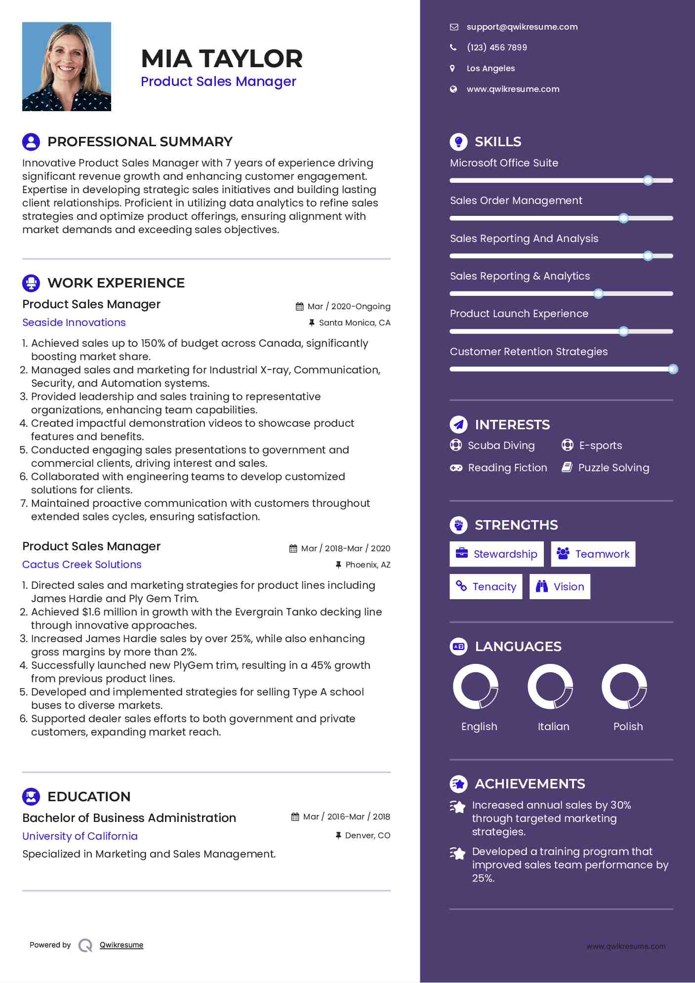 Product Sales Manager Resume Template