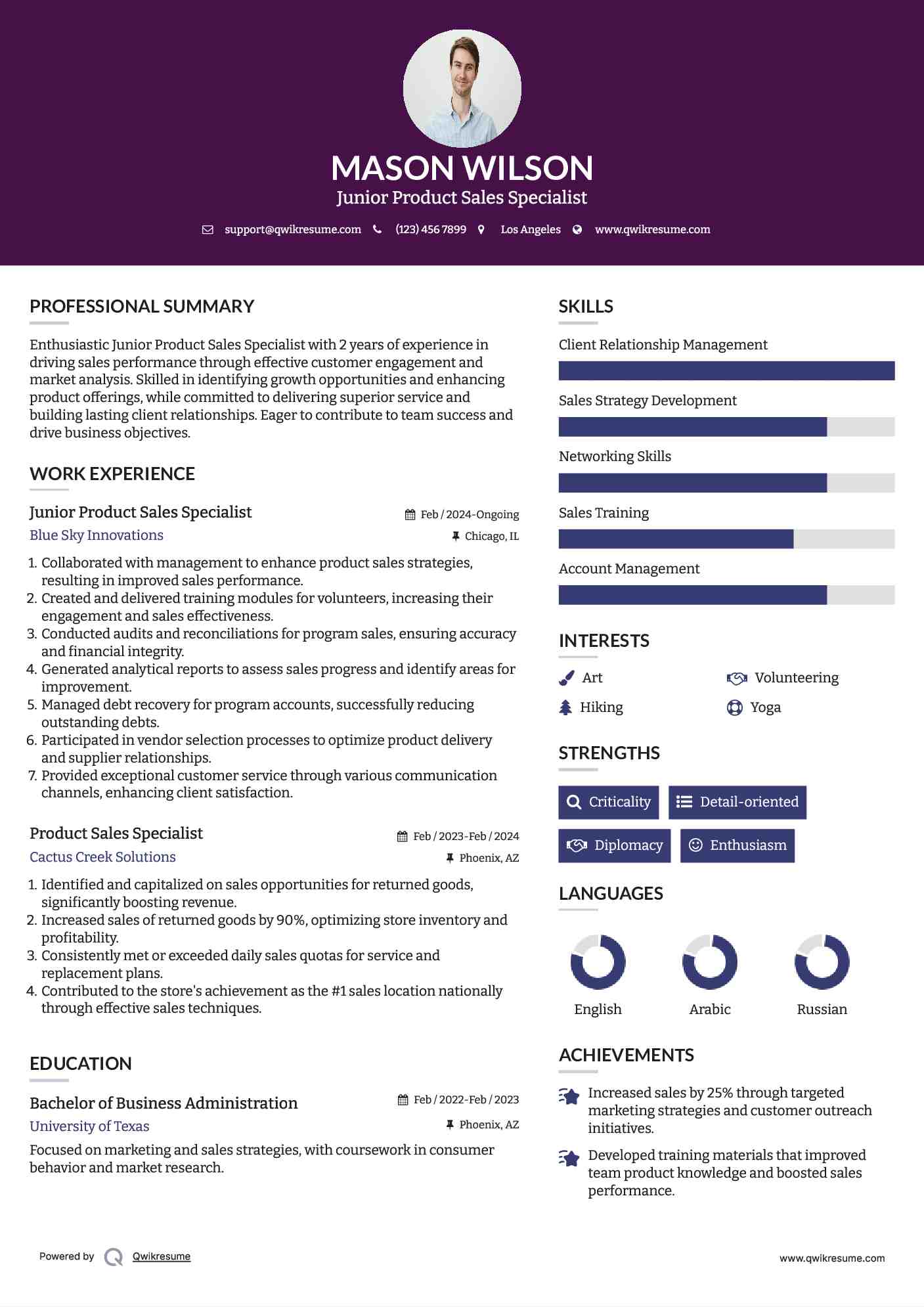 Junior Product Sales Specialist Resume Example